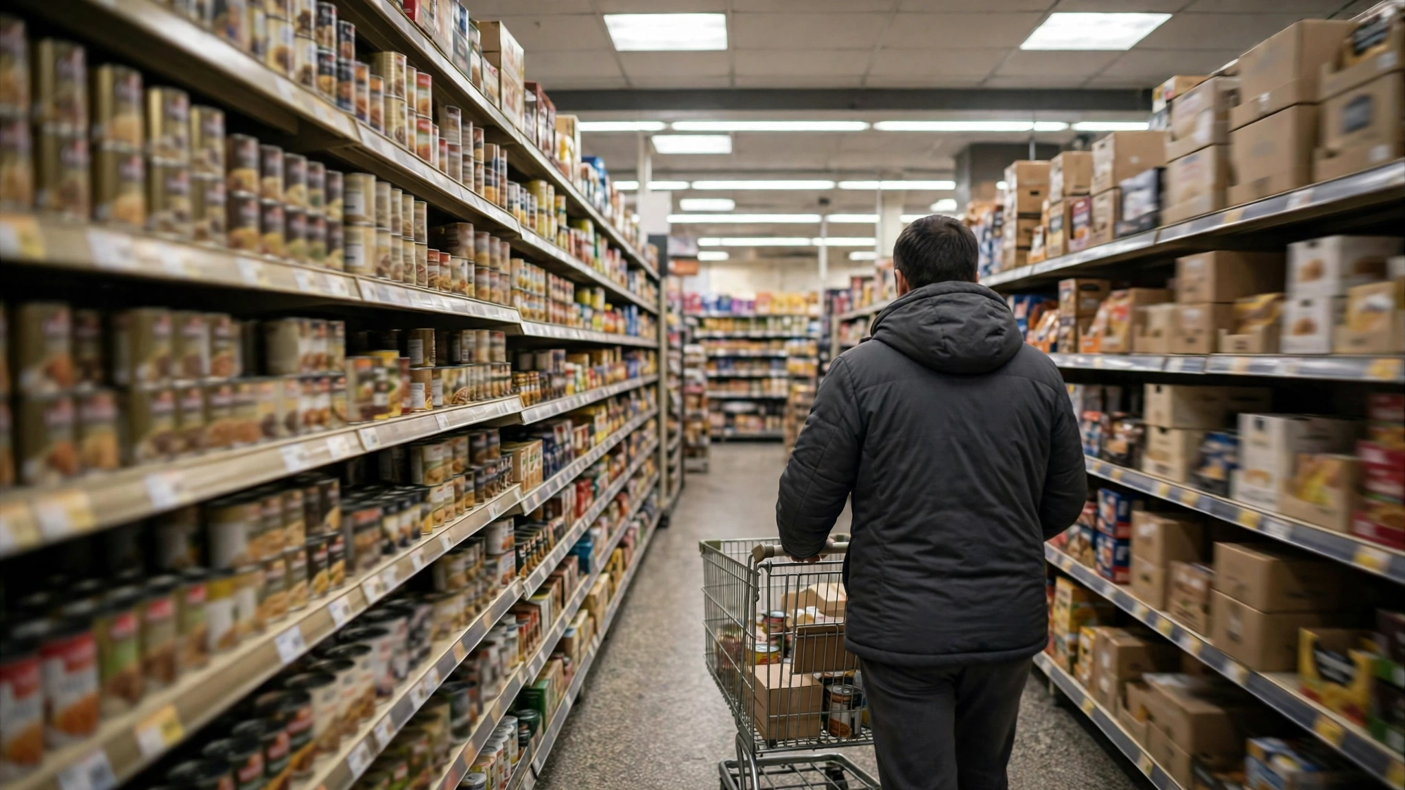 A shopper pushes a cart down a supermarket aisle lined with canned goods and boxed foods