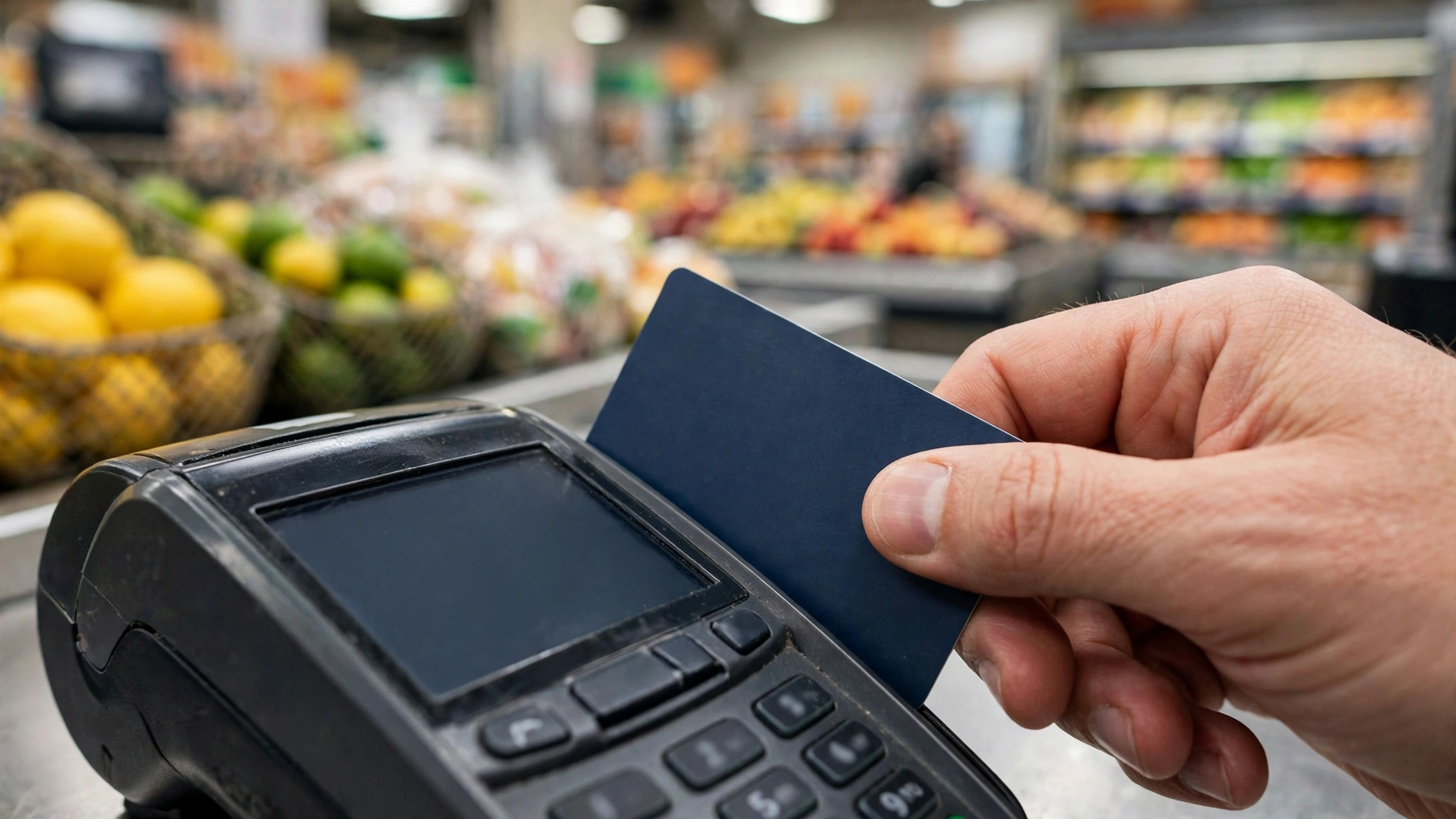 A hand swipes a blank dark-blue card at a grocery checkout payment terminal