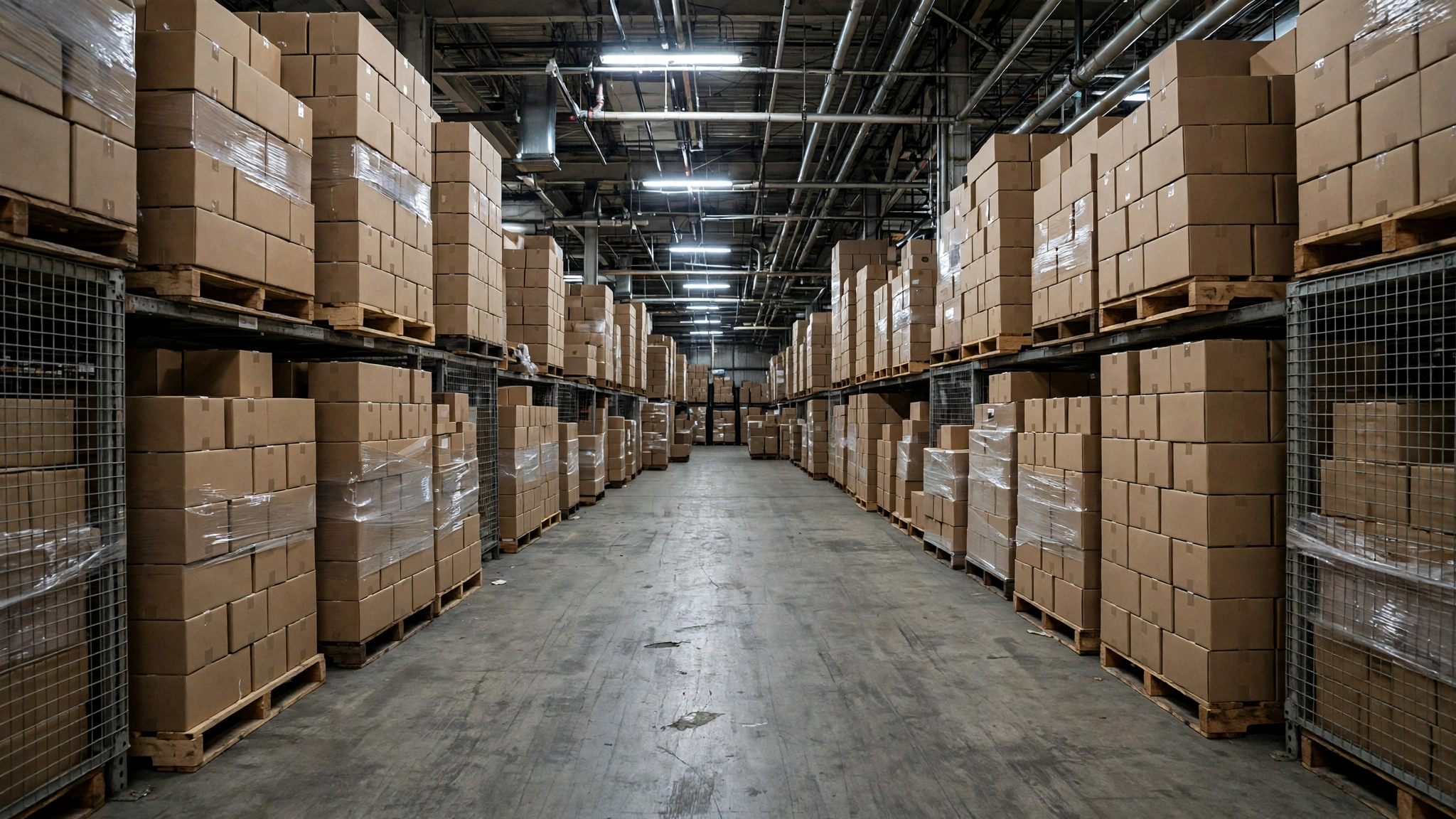 Rows of pallets stacked with cardboard boxes inside a warehouse