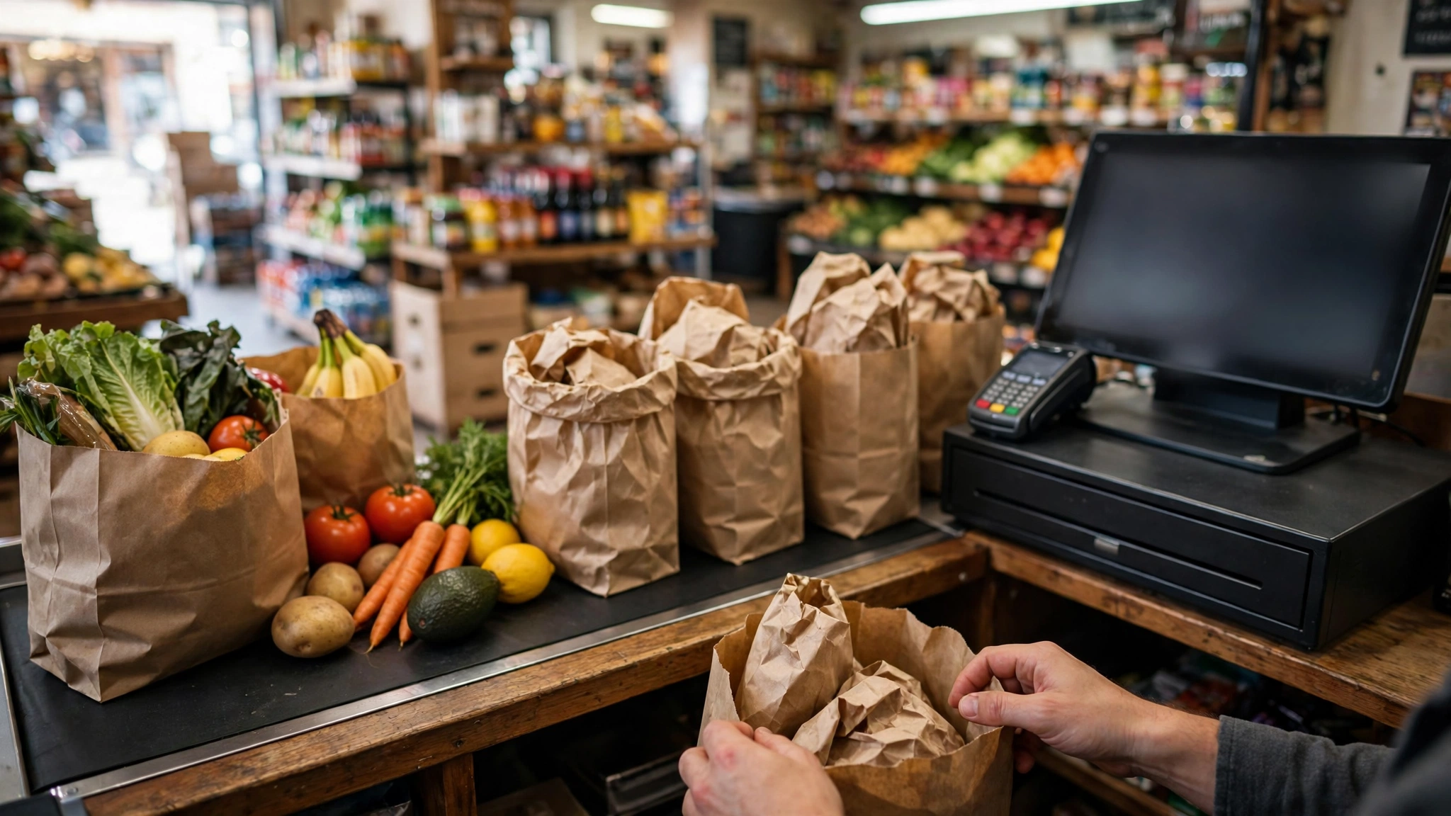 Paper grocery bags and fresh produce on a conveyor belt at a market checkout counter