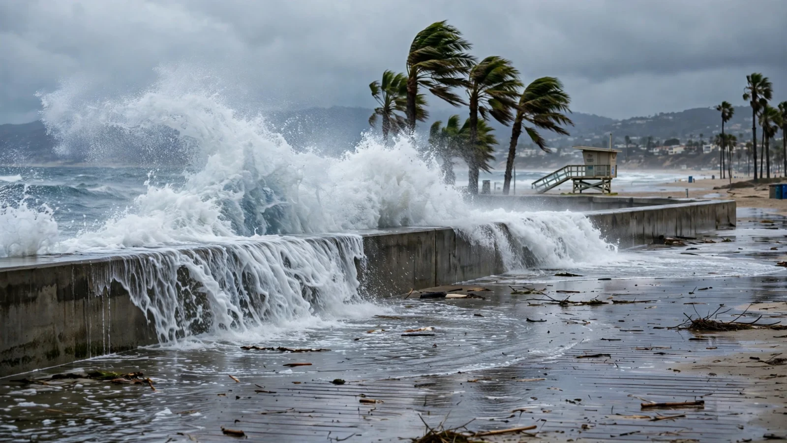 Waves crashing over a concrete seawall and flooding a coastal boardwalk, with palm trees and a lifeguard tower behind