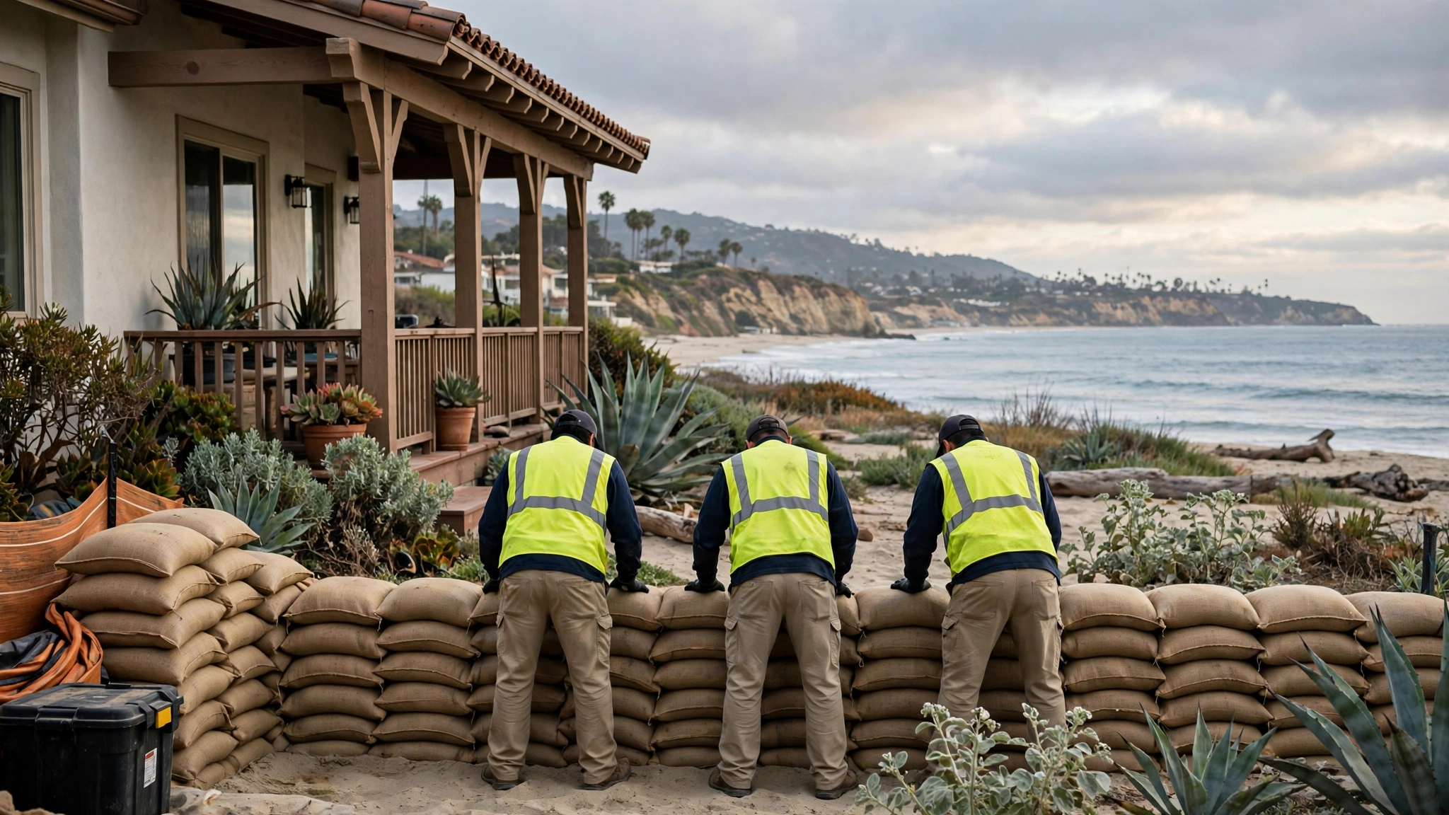 Three workers in yellow safety vests stacking sandbags in front of a beachfront house