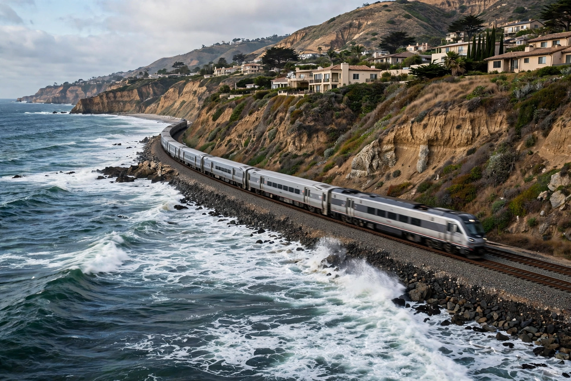 A passenger train traveling on coastal tracks beside the ocean, below houses on a cliff