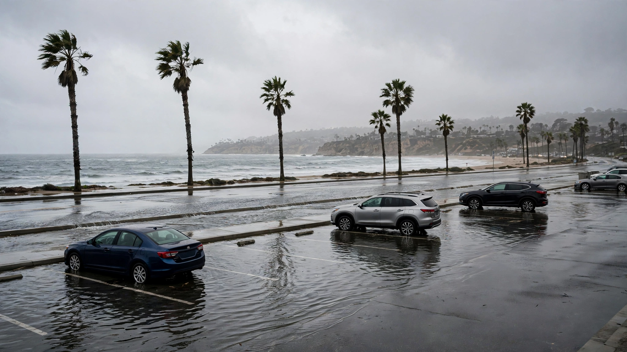 Cars parked in a flooded beach parking lot beside the ocean under a gray sky