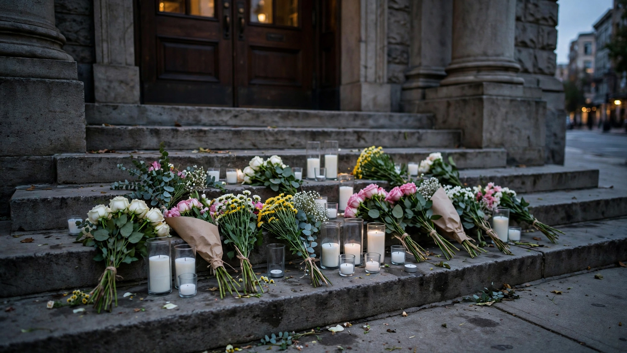 Bouquets of flowers and white candles placed on stone steps outside a building entrance at dusk.