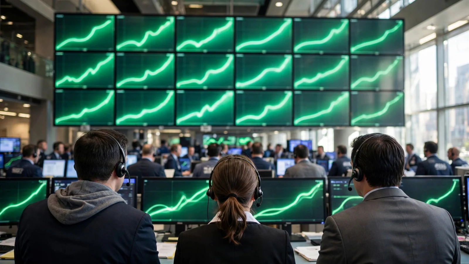 Traders seen from behind watching large screens showing rising green stock charts on a trading floor