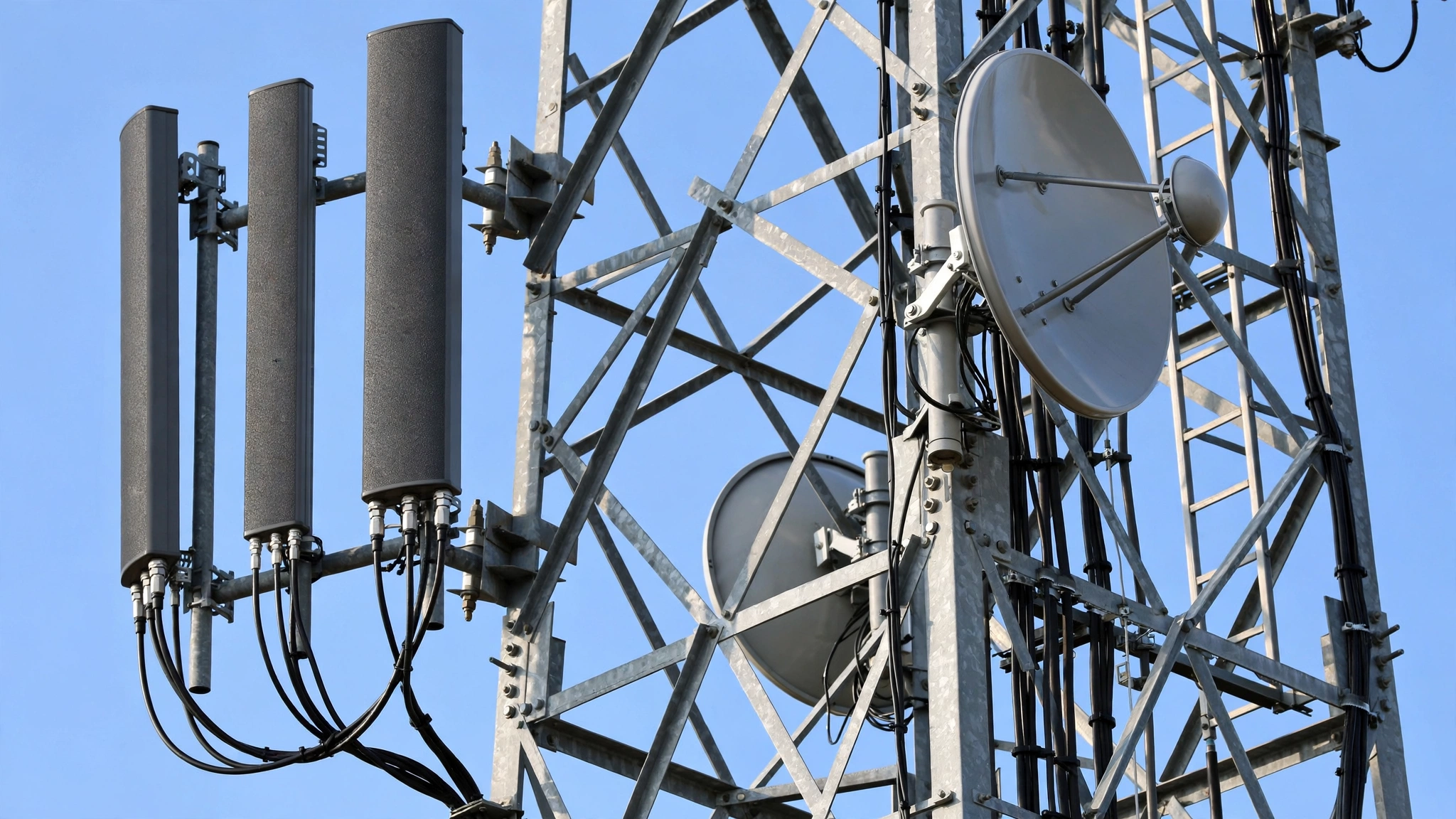 Close-up of antenna panels, dishes, and cables mounted on a steel cell tower against a blue sky