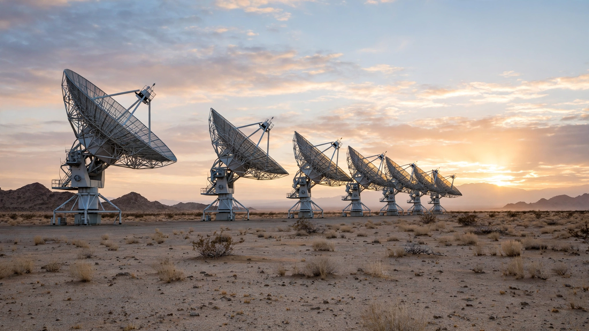 A row of satellite ground-station dishes pointed at the sky at sunrise over an empty plain
