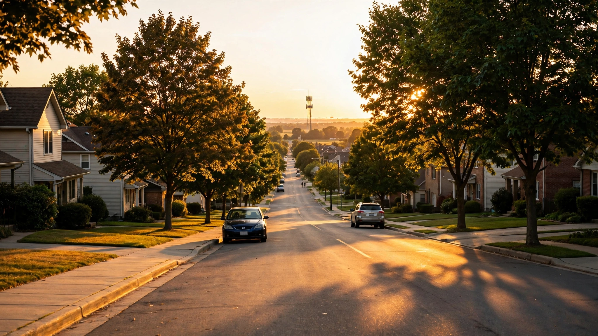 A suburban street at golden hour with a distant cell tower on the horizon