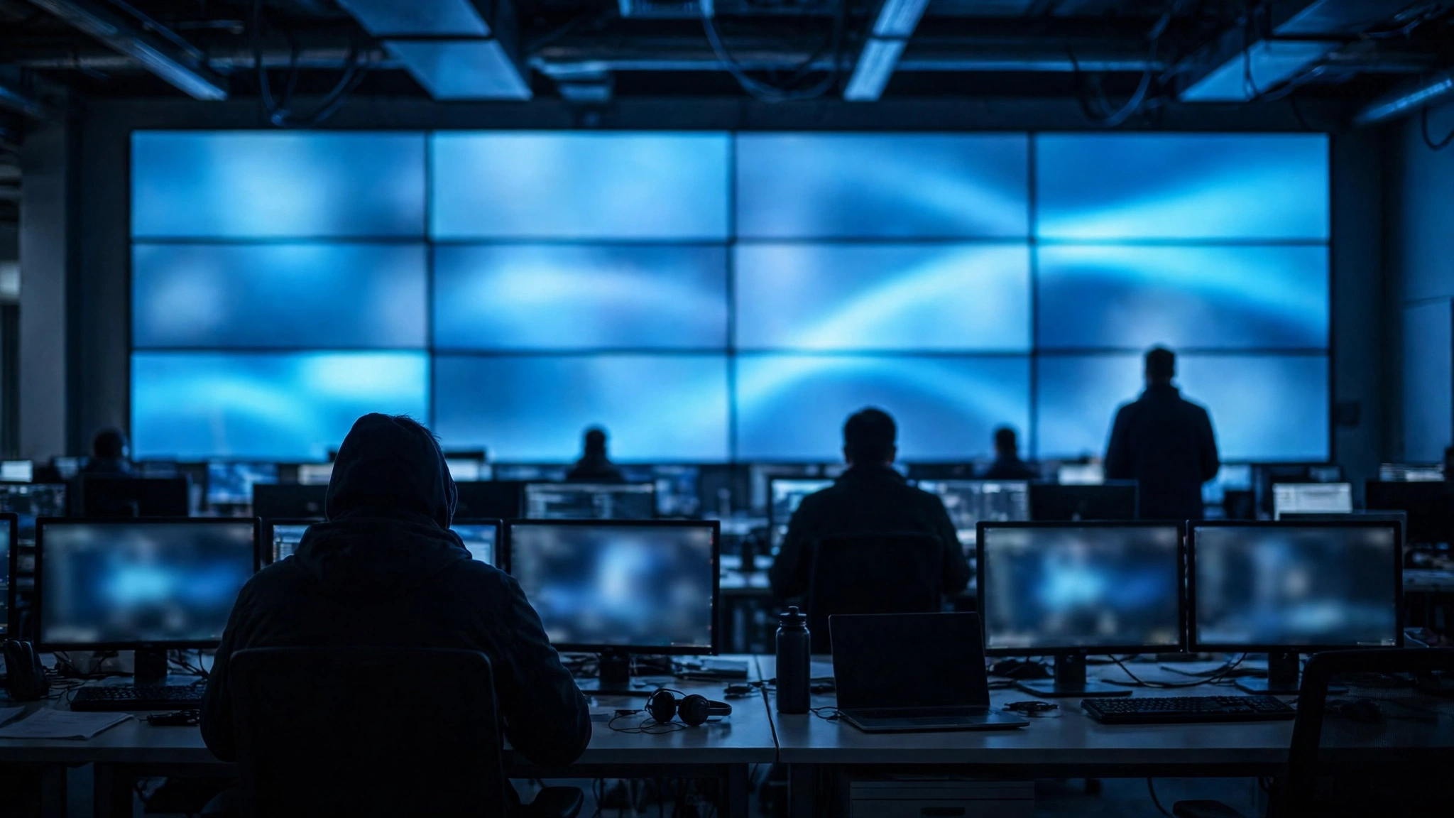 Interior of a network operations center with blurred monitors and workers seen from behind