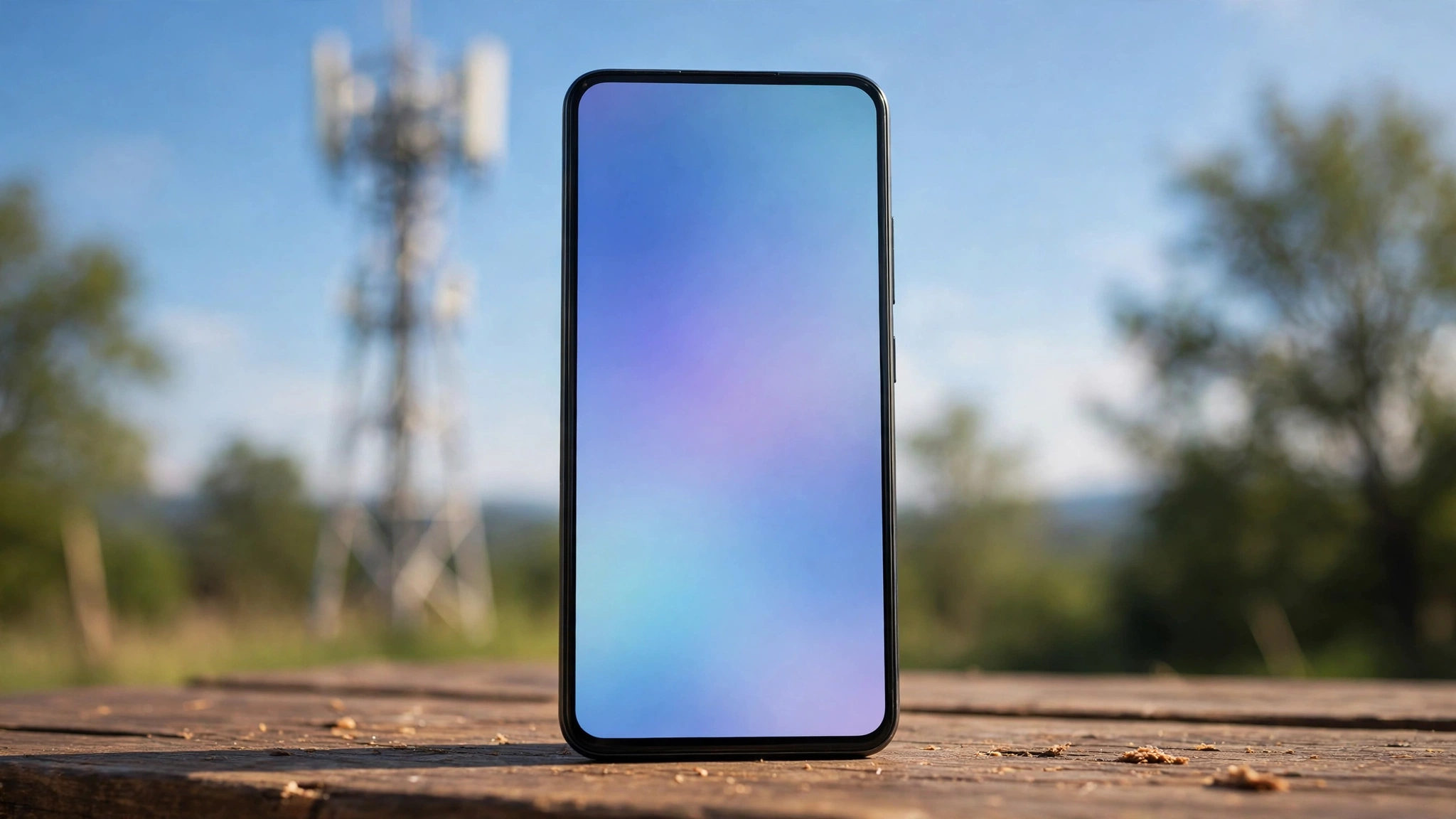 A smartphone on an outdoor wooden table with a cell tower softly blurred in the background