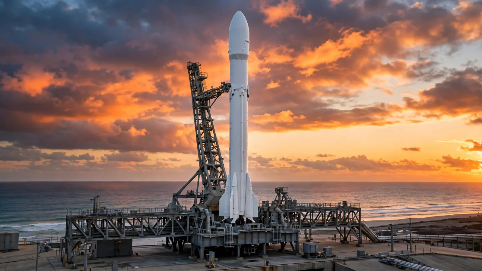A white rocket standing on a coastal launch pad at sunset.