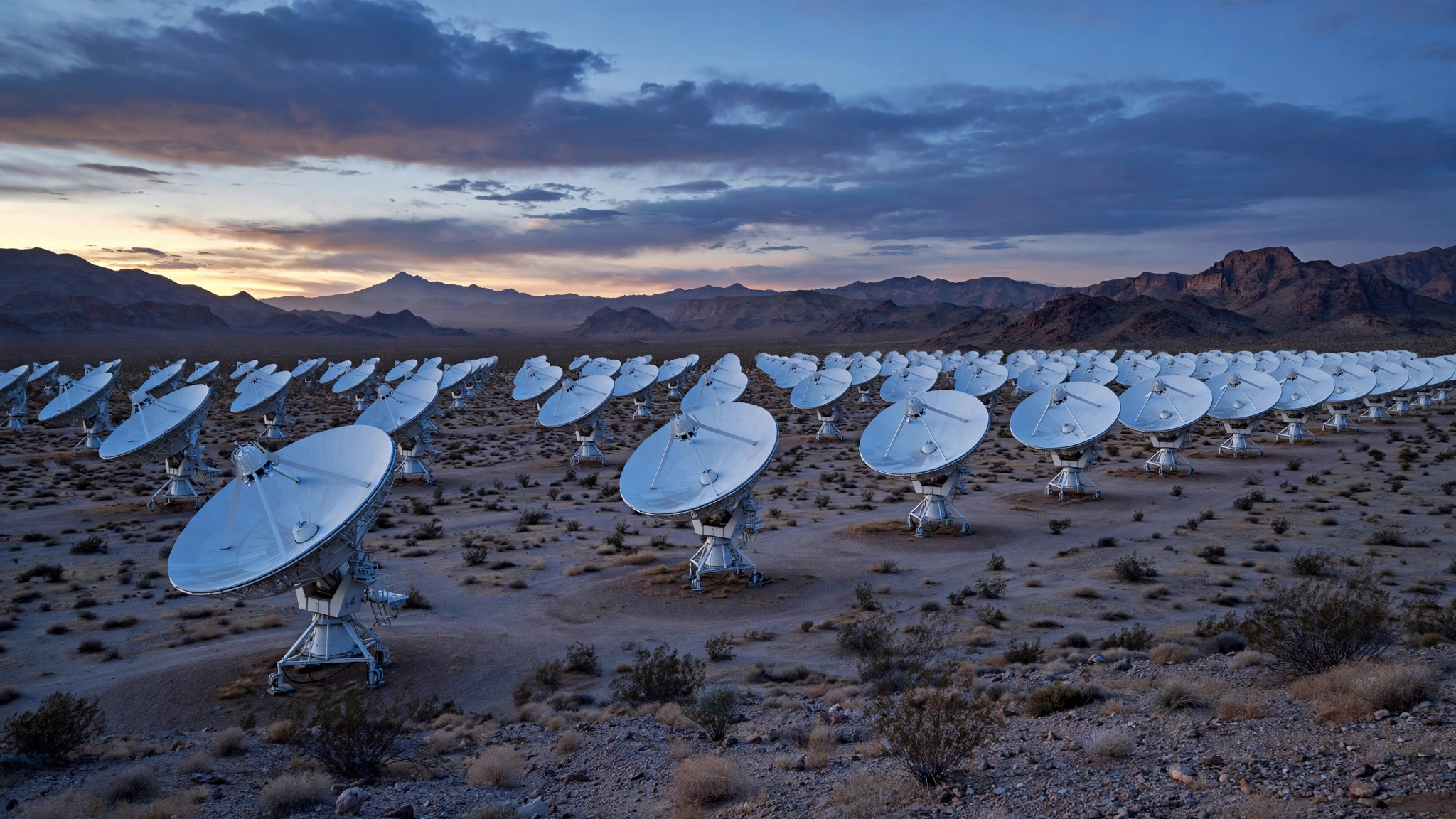 A field of satellite dishes pointed at the sky at dusk.