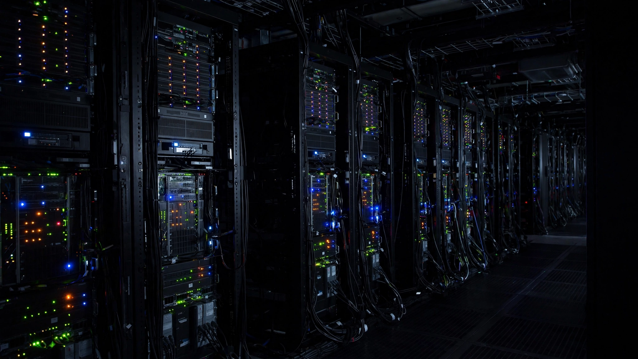Rows of server racks with blinking lights in a dark data center.