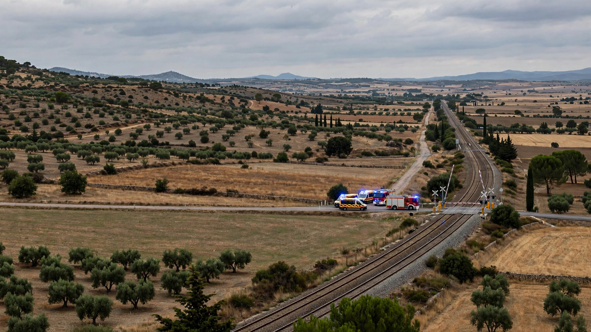 Ambulances and a fire truck parked beside railway tracks in rural Spain