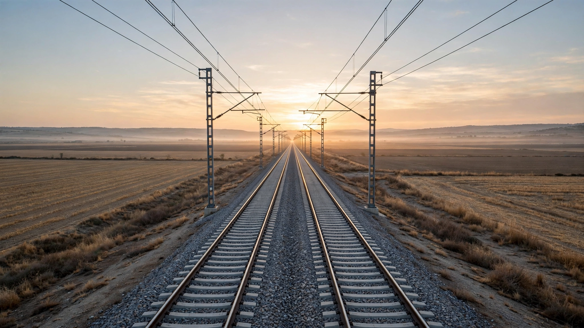 High-speed railway tracks crossing flat dry farmland in central Spain