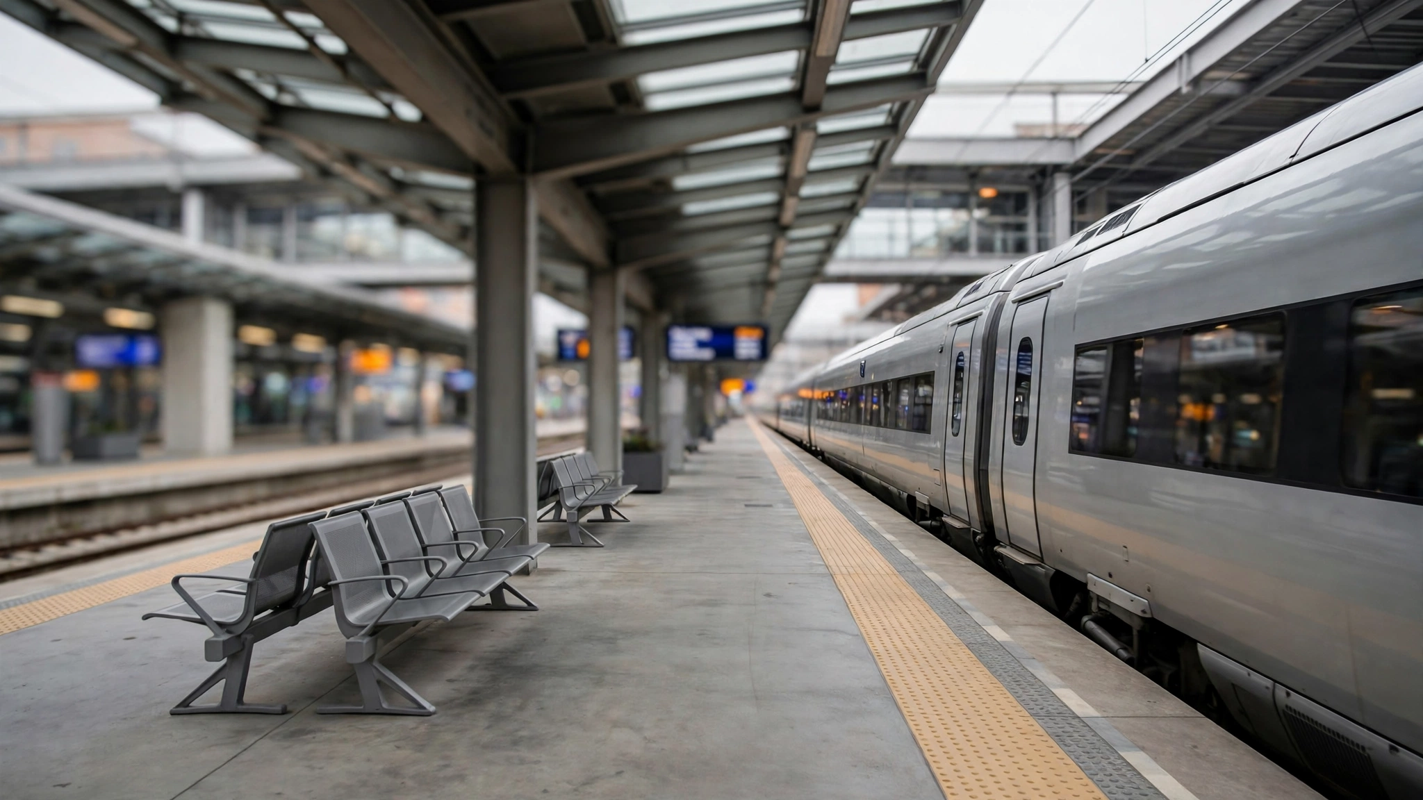 A high-speed train stopped at an empty station platform in Spain