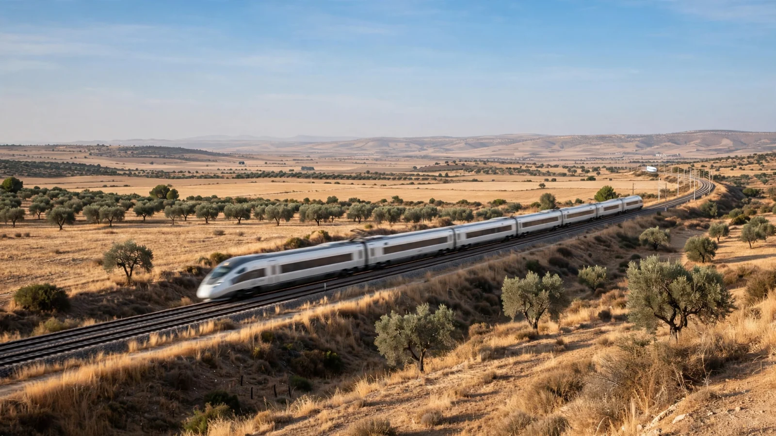 A silver high-speed train traveling through dry farmland in central Spain