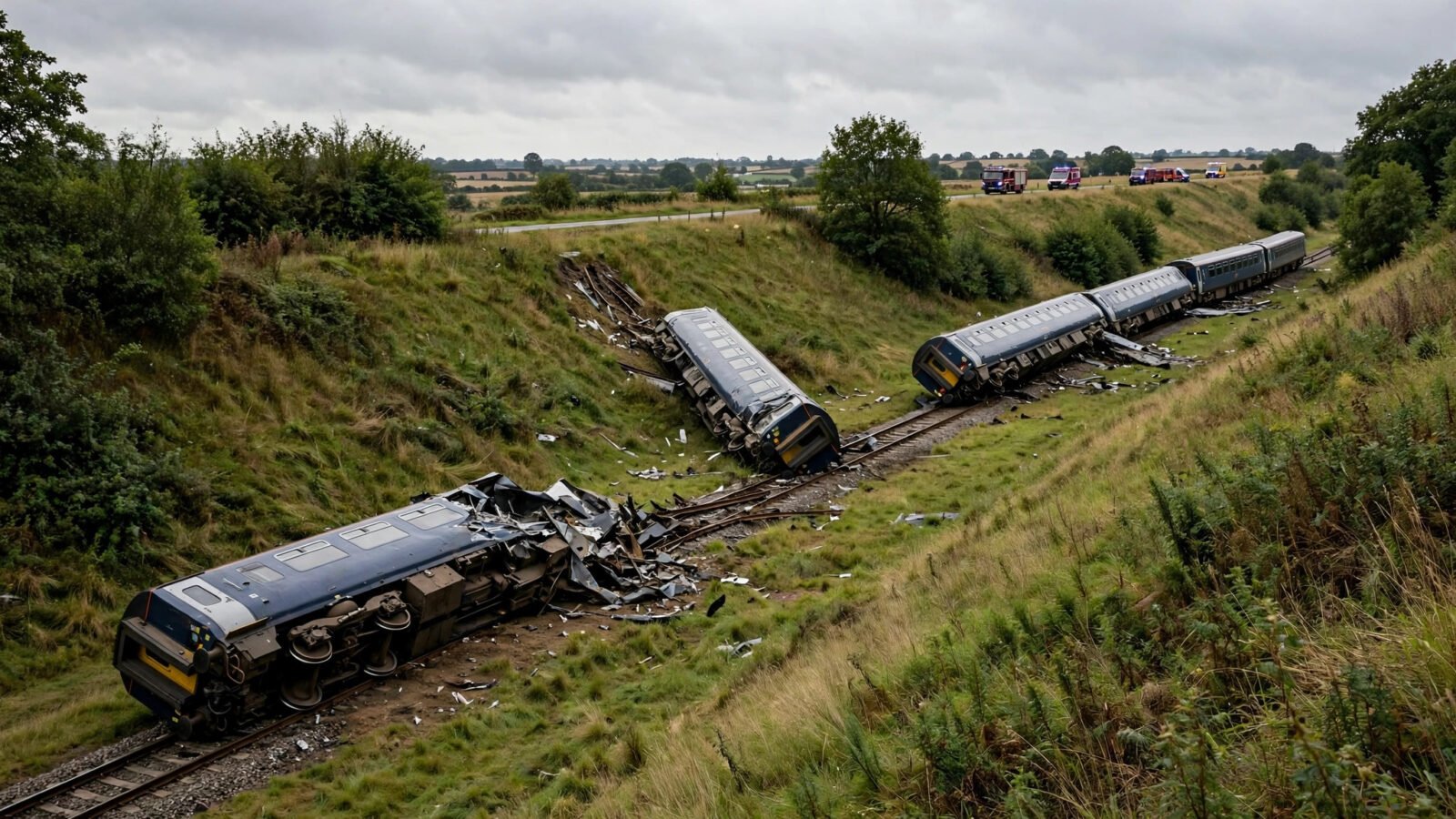 Derailed passenger train carriages on a grassy embankment with emergency vehicles in the distance
