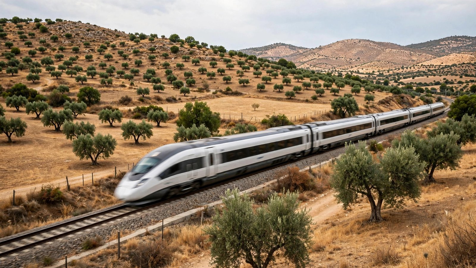 A silver high-speed passenger train crossing dry countryside with olive trees and hills