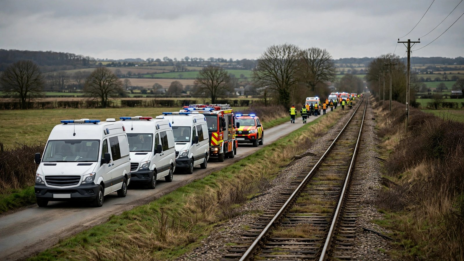 Ambulances and emergency vehicles lined along a rural road beside railway tracks