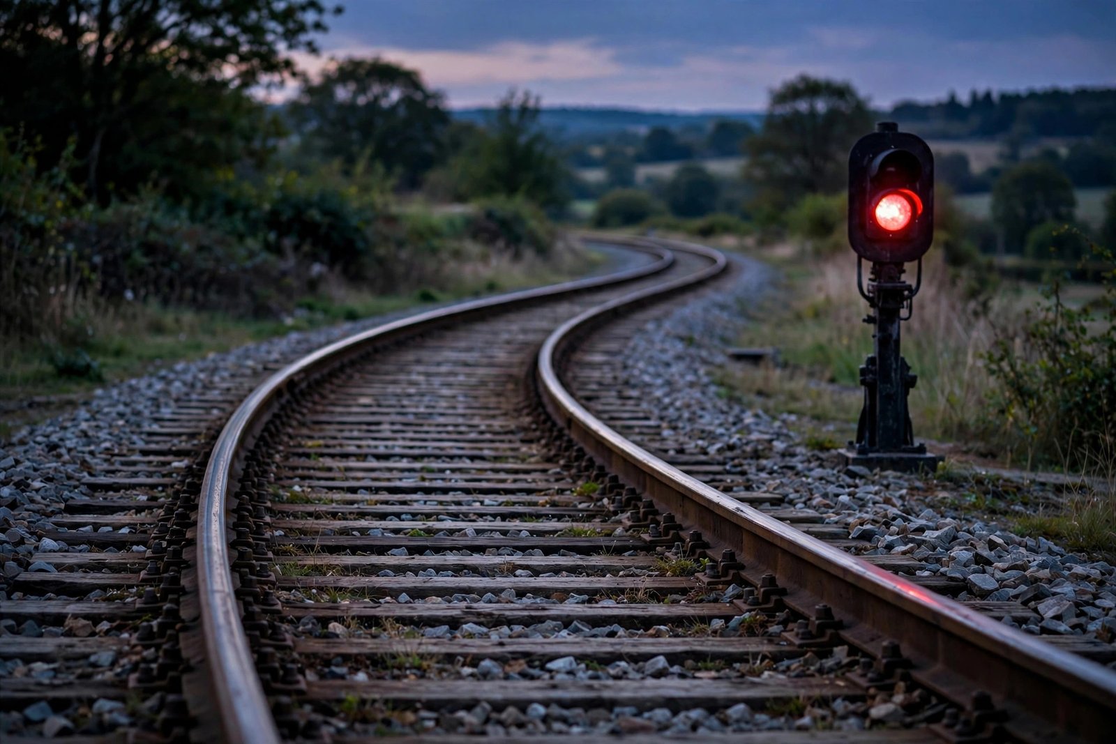 A red railway signal light beside railway tracks curving into the distance at dusk