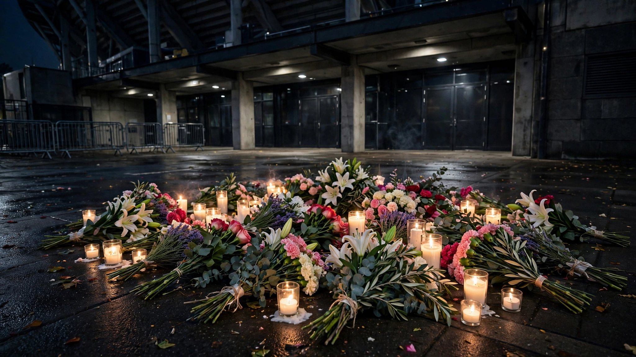Bouquets of flowers and lit candles laid as a memorial outside a stadium entrance at night