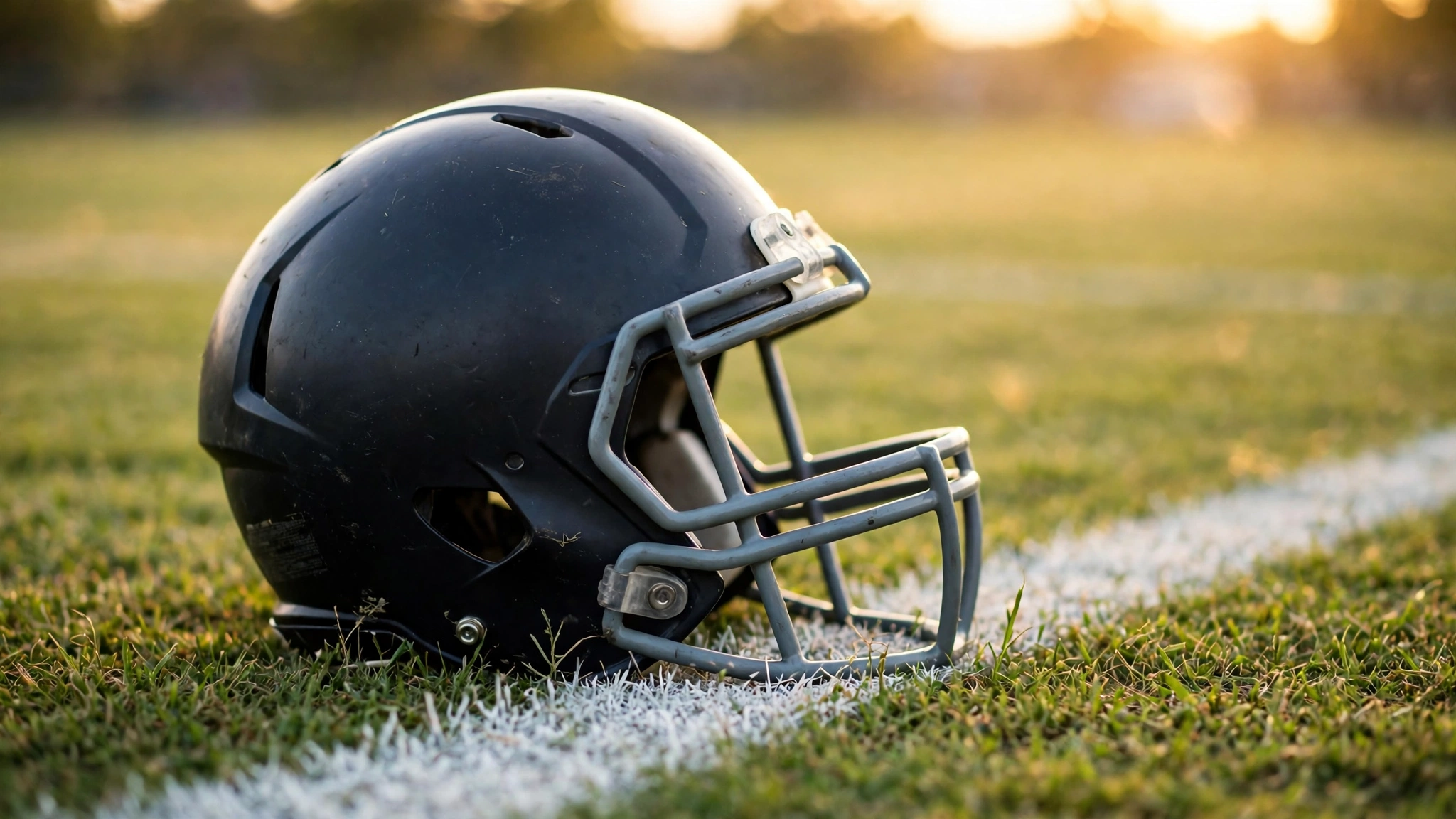 A plain football helmet resting on the grass beside a yard line on a football field