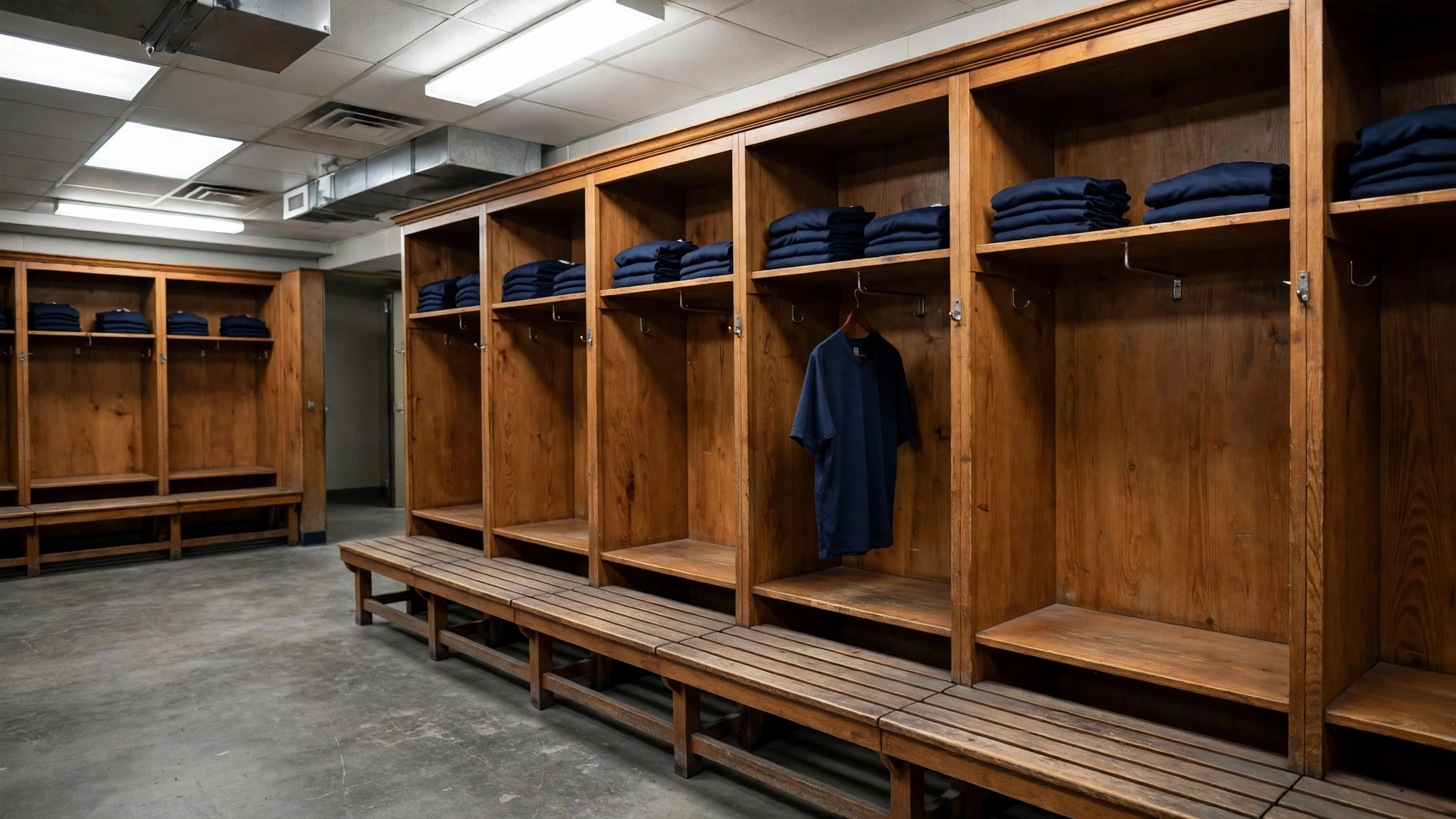 An empty football locker room with wooden lockers and folded jerseys