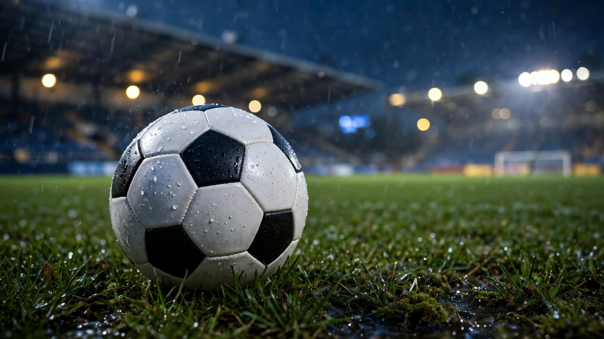 A soccer ball covered in rain drops resting on wet grass under stadium lights at night