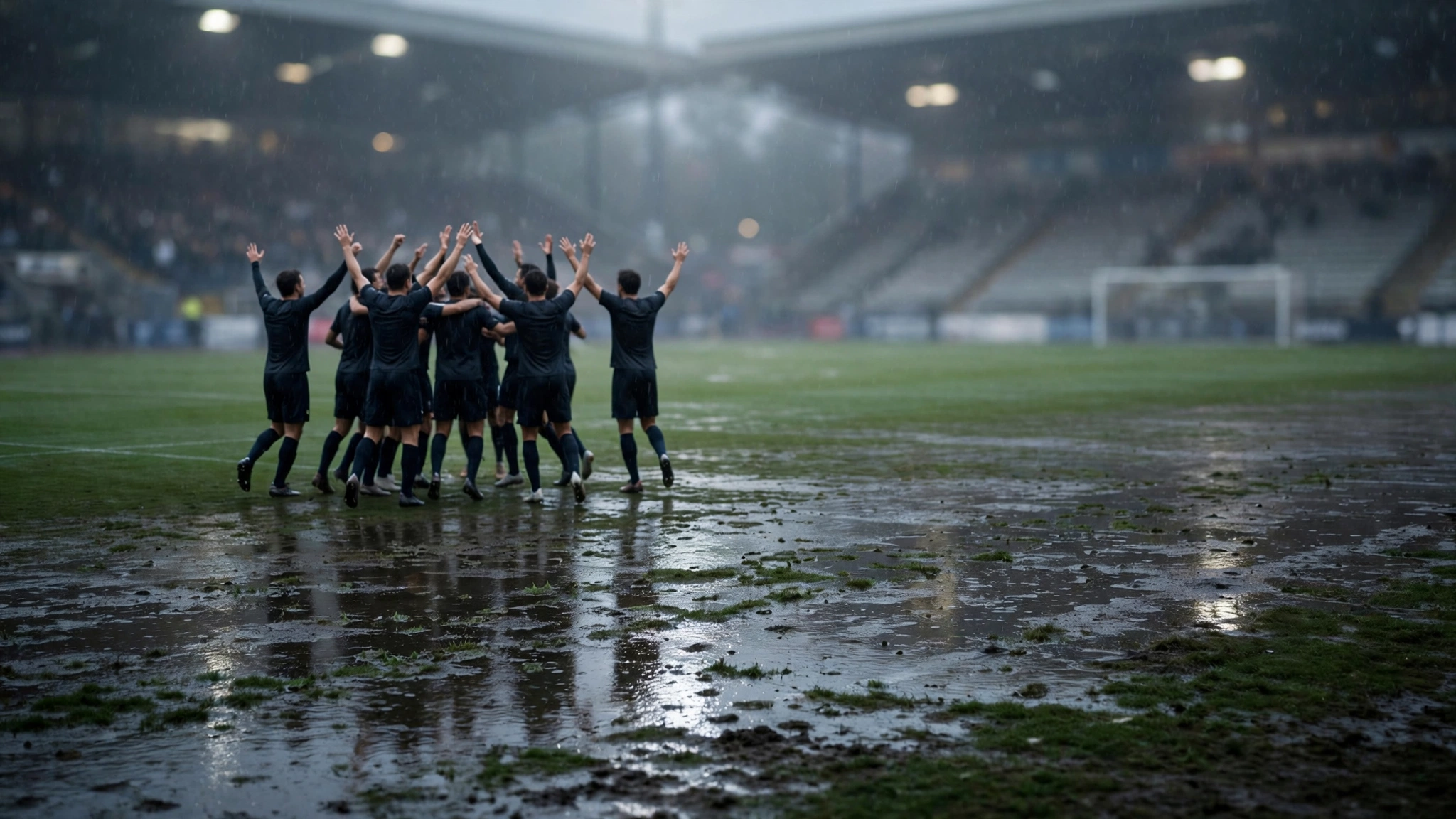Soccer players in dark kits celebrating together on a wet pitch in the rain