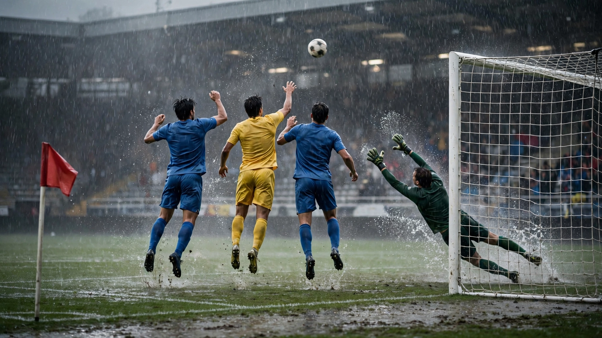 Soccer players jumping for a ball near the goal in the rain as the goalkeeper reaches for it