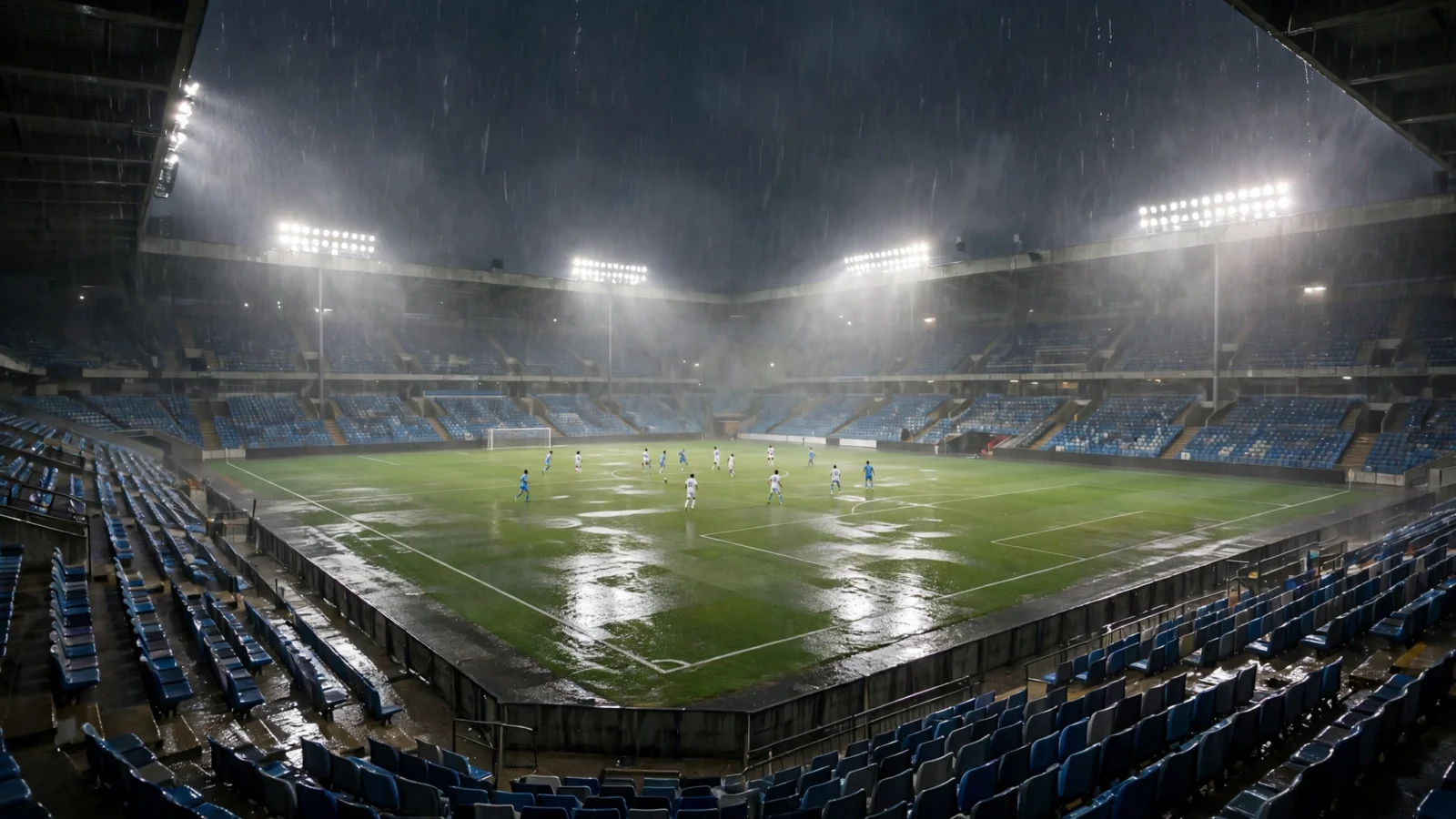 A soccer stadium under floodlights in heavy rain, with players on a wet pitch