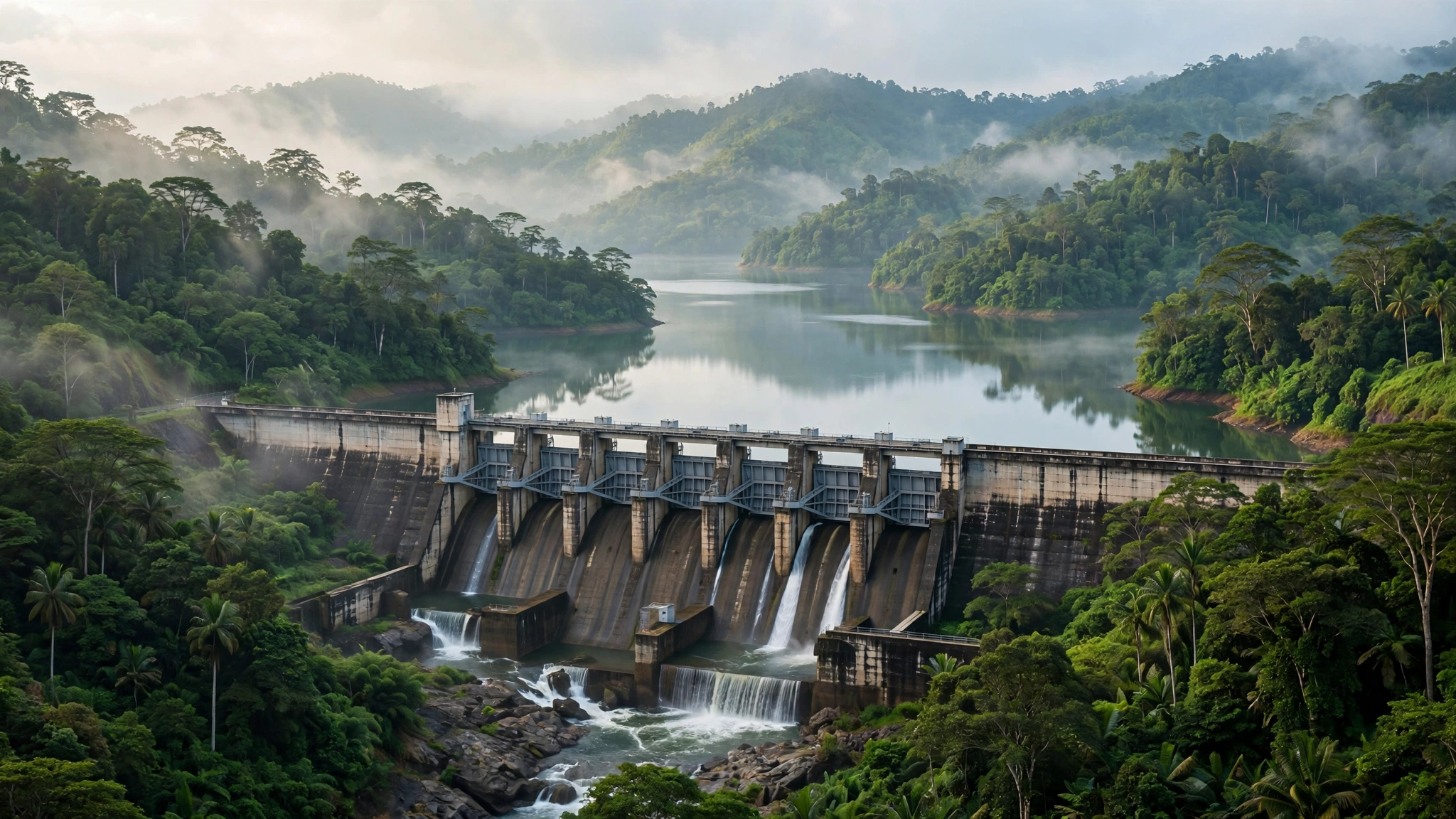 A concrete hydropower dam with spillways and a reservoir in lush tropical hills.