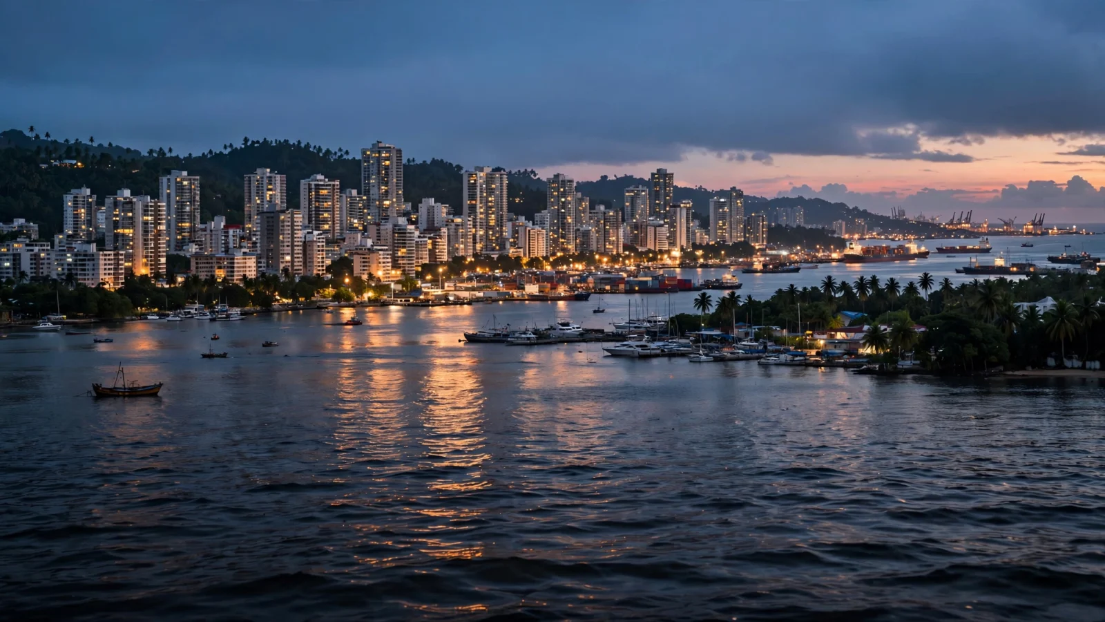 A tropical coastal capital city at dusk with apartment towers and harbor lights glowing.