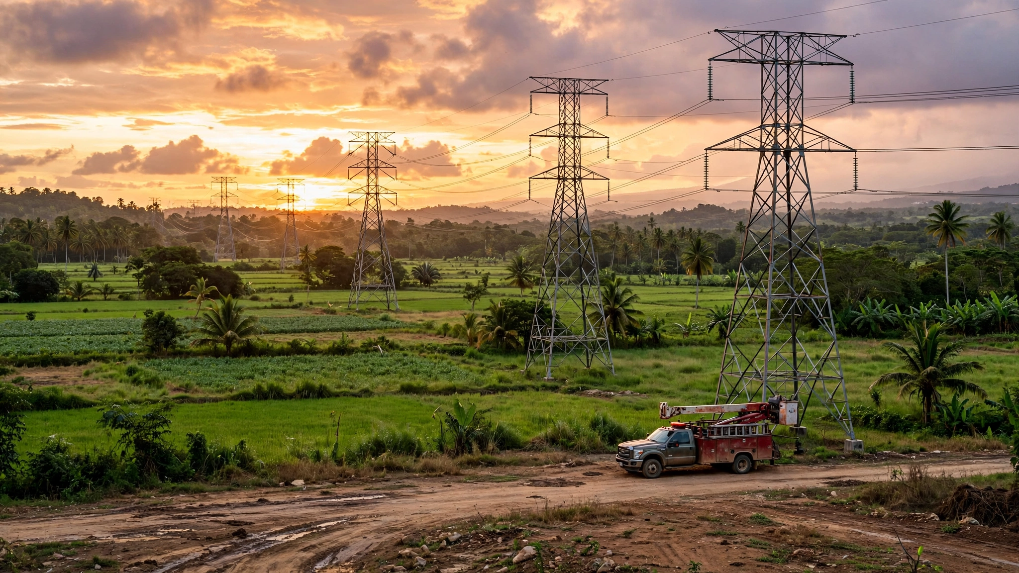 High-voltage transmission towers and a utility truck in green fields at sunset.