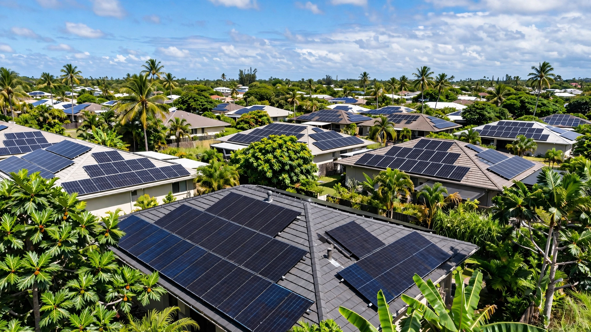 Rooftop solar panels on houses in a tropical neighborhood under a blue sky.