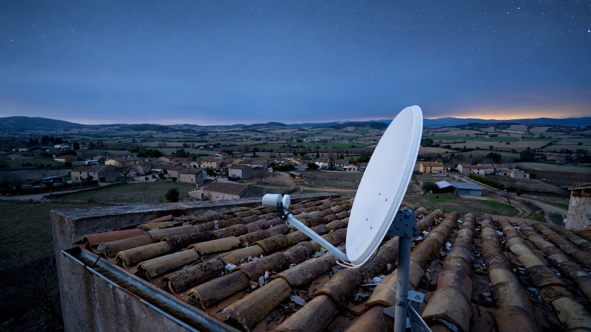 A satellite internet dish on a rooftop overlooking a European village at dusk