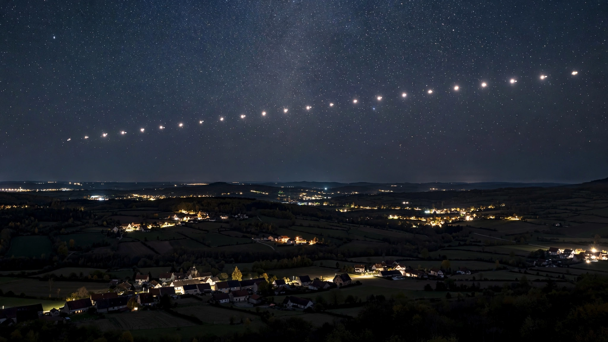 A chain of satellites crossing the night sky over a dark European countryside with village lights below