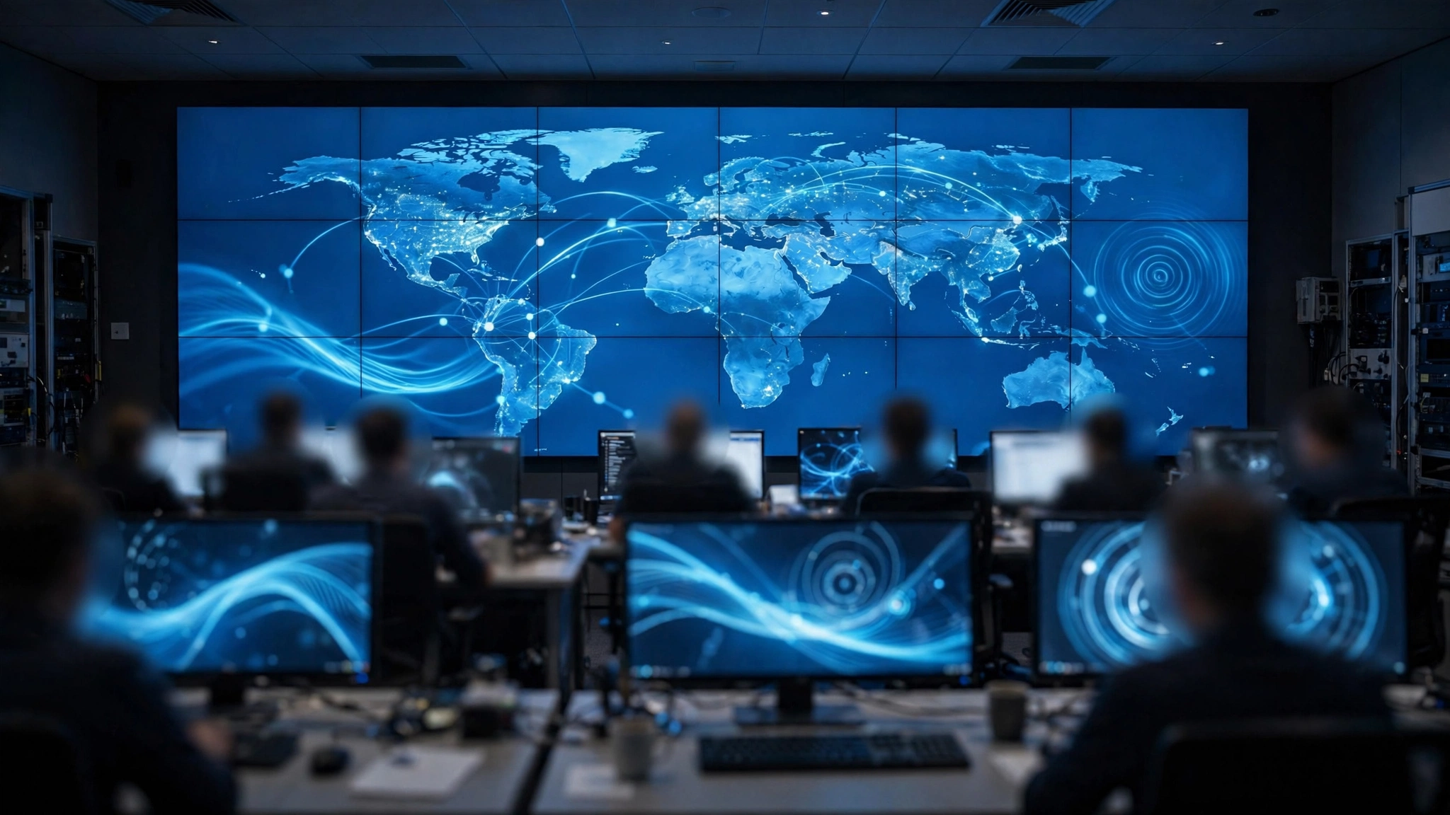 A telecommunications control room with a large wall screen showing a world map and network connections, operators as blurred silhouettes