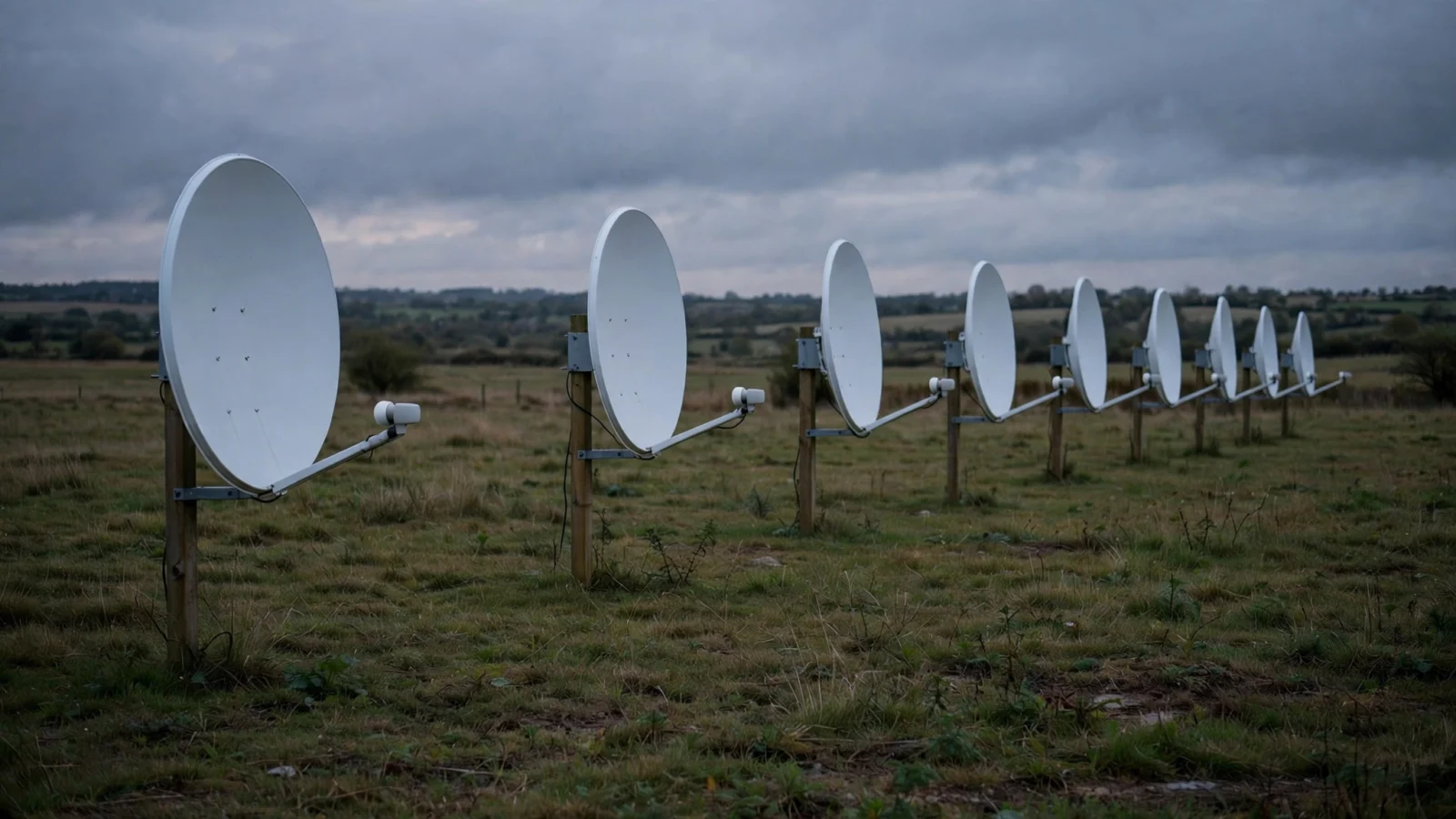 A row of white satellite dishes mounted on wooden posts in an open grassy field under a cloudy sky.