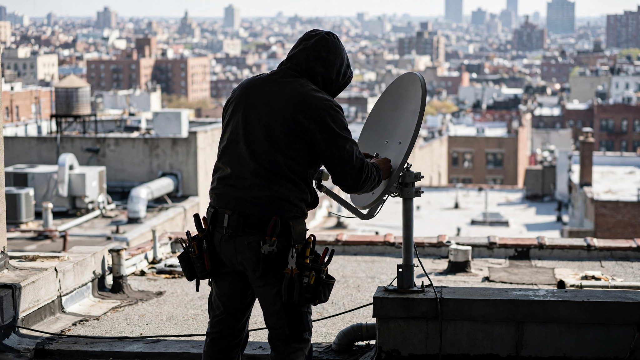 A technician seen from behind adjusting a small satellite dish on a city rooftop