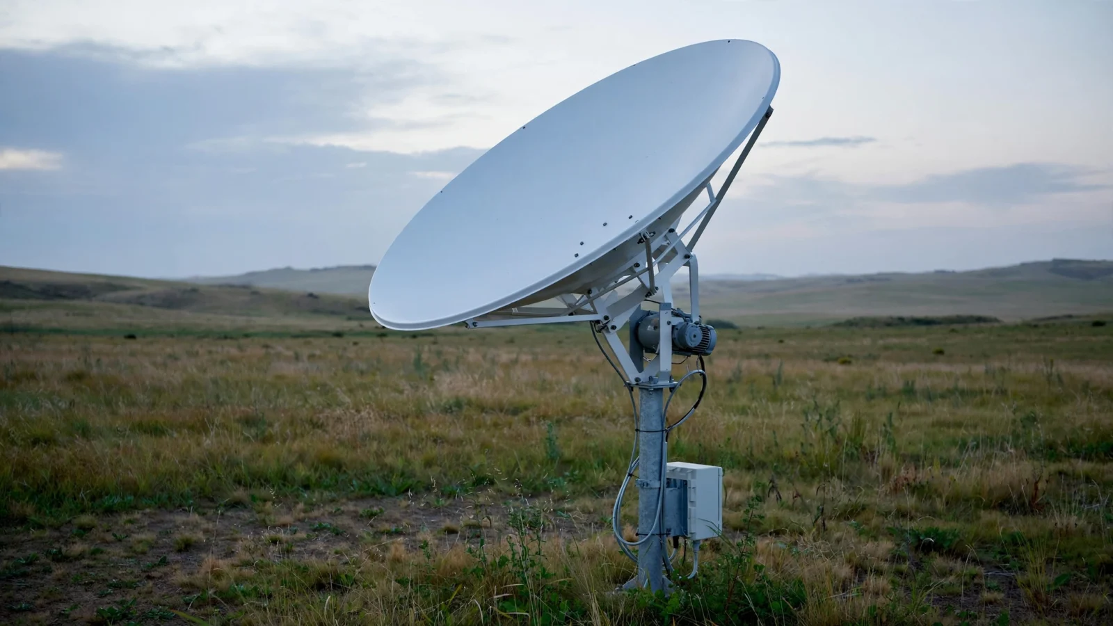 A large white satellite dish antenna standing in an open grassy field under a pale sky