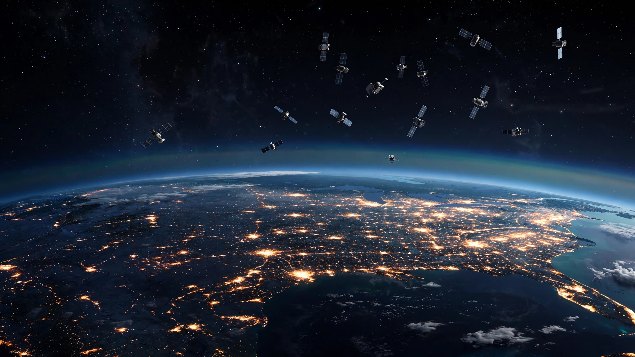 Small communications satellites in orbit above Earth at night, with city lights visible below