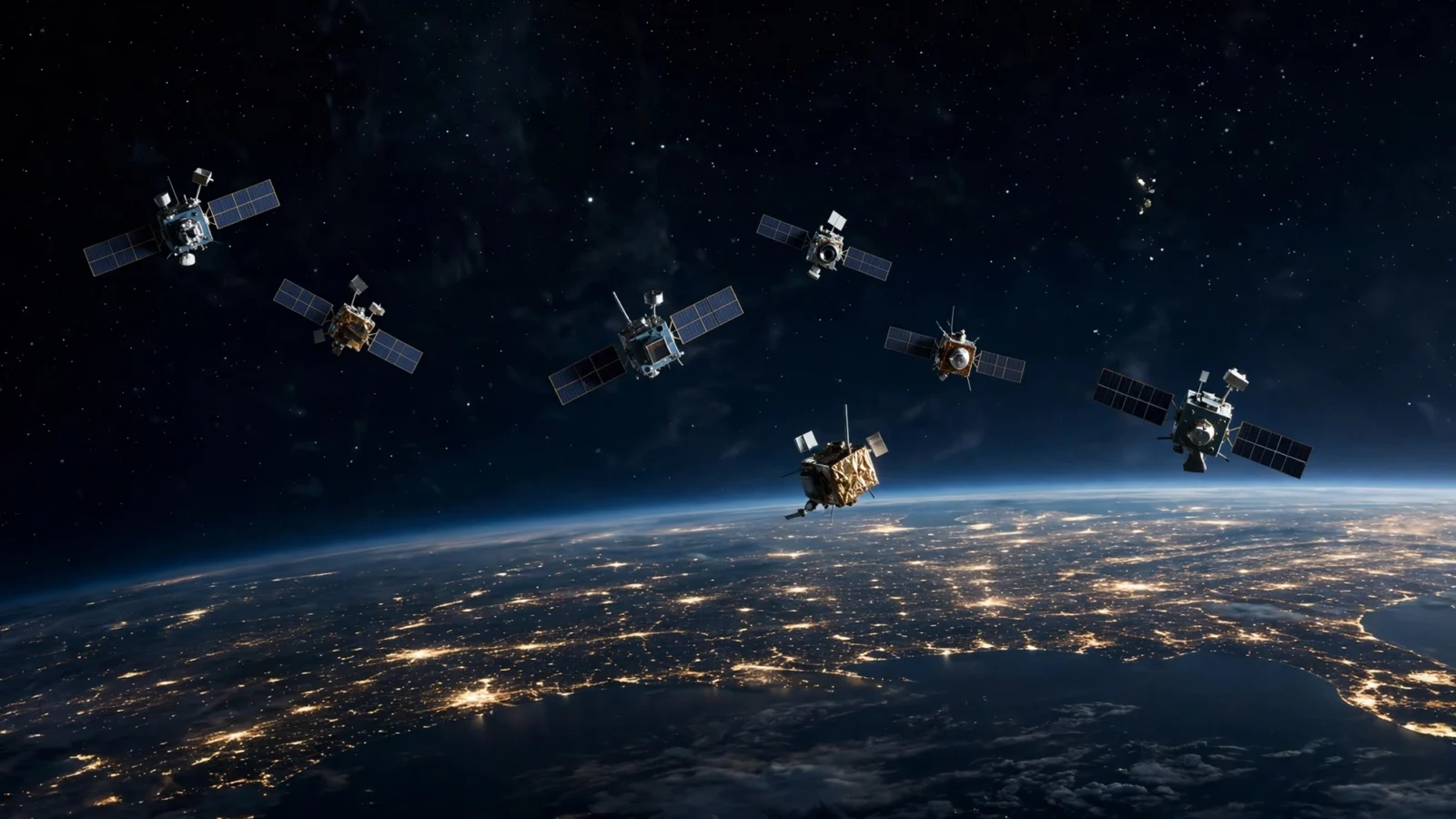 Illustration of communications satellites orbiting above Earth at night