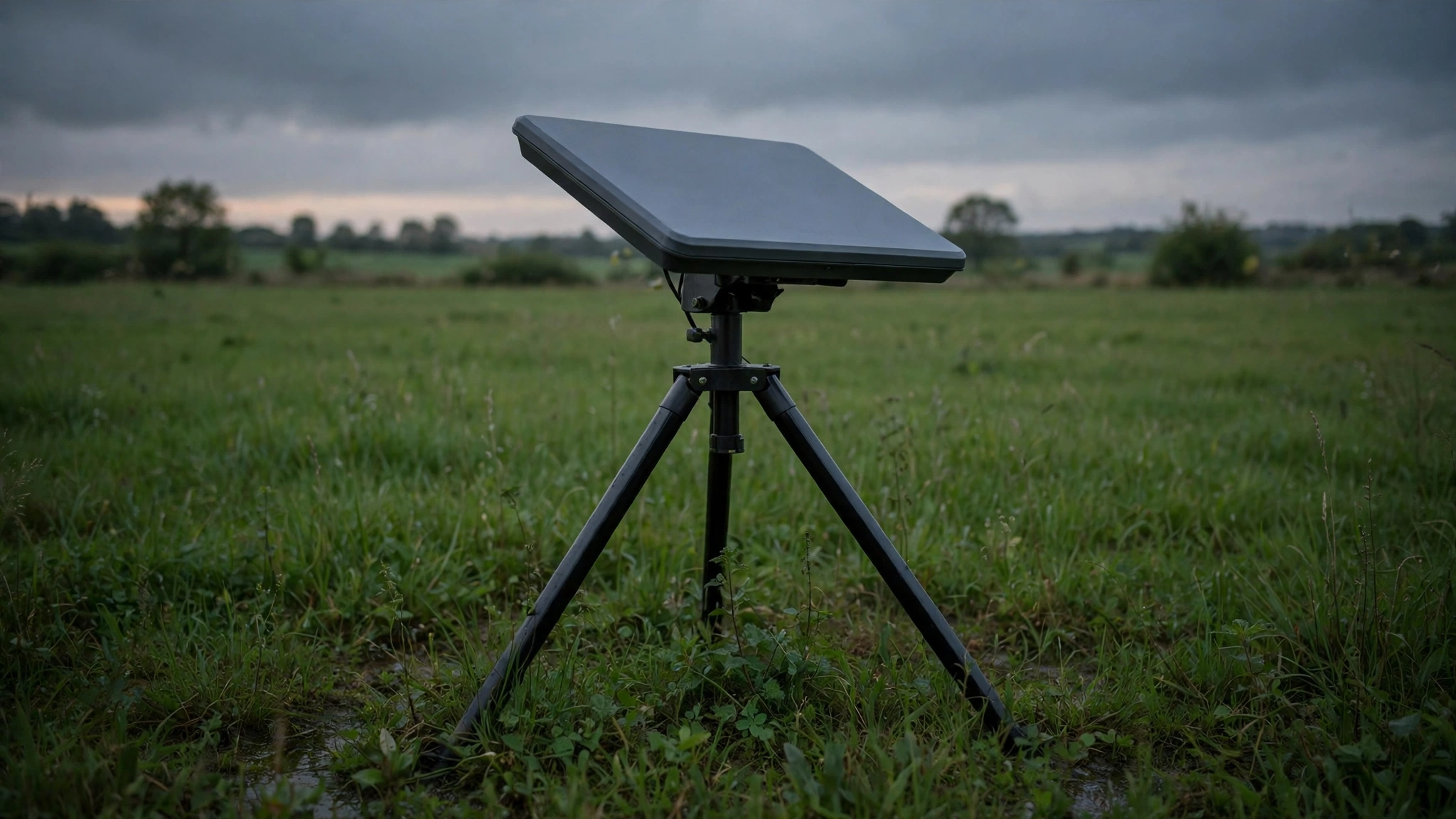 Satellite internet dish terminal on a tripod in a field at dusk