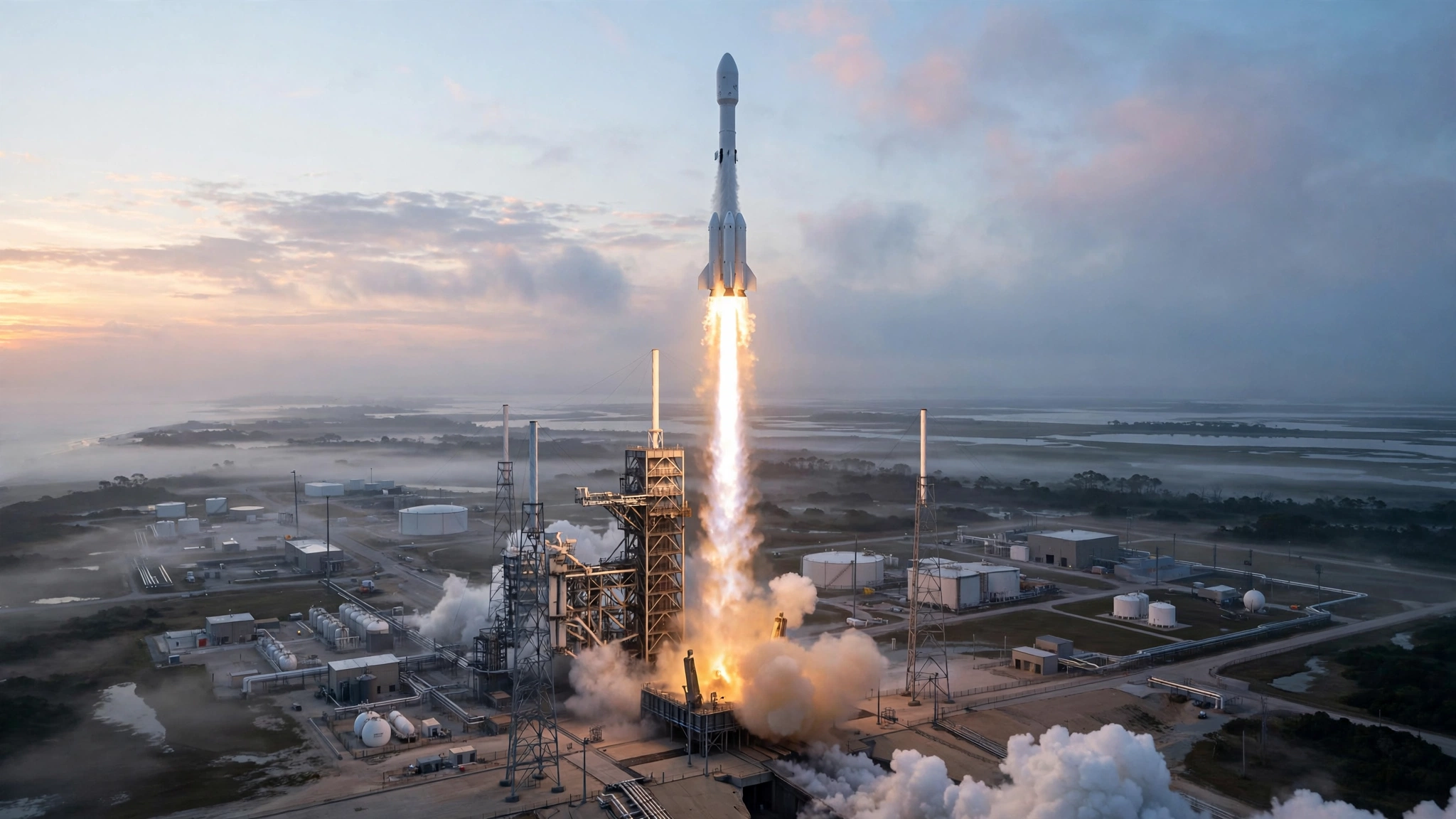 A white rocket lifting off from a launch pad at dawn
