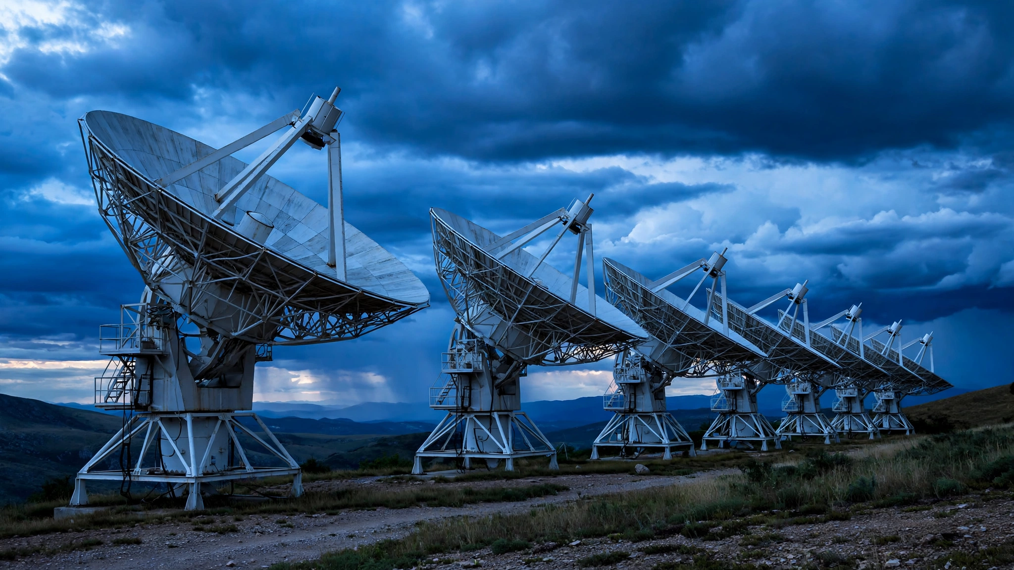 Row of large satellite ground station dishes under a cloudy evening sky