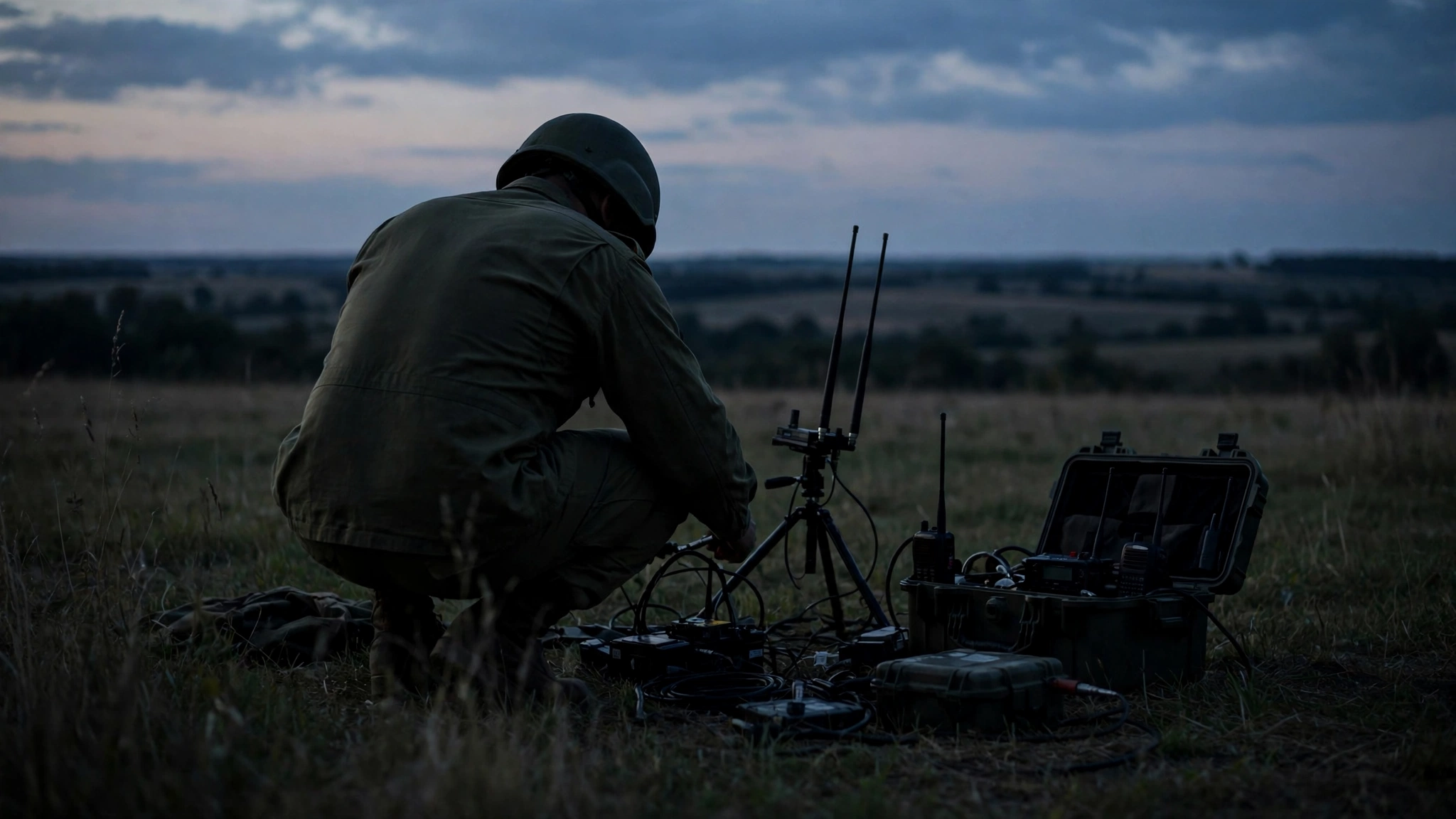 Soldier seen from behind setting up portable communications equipment in a field at dusk