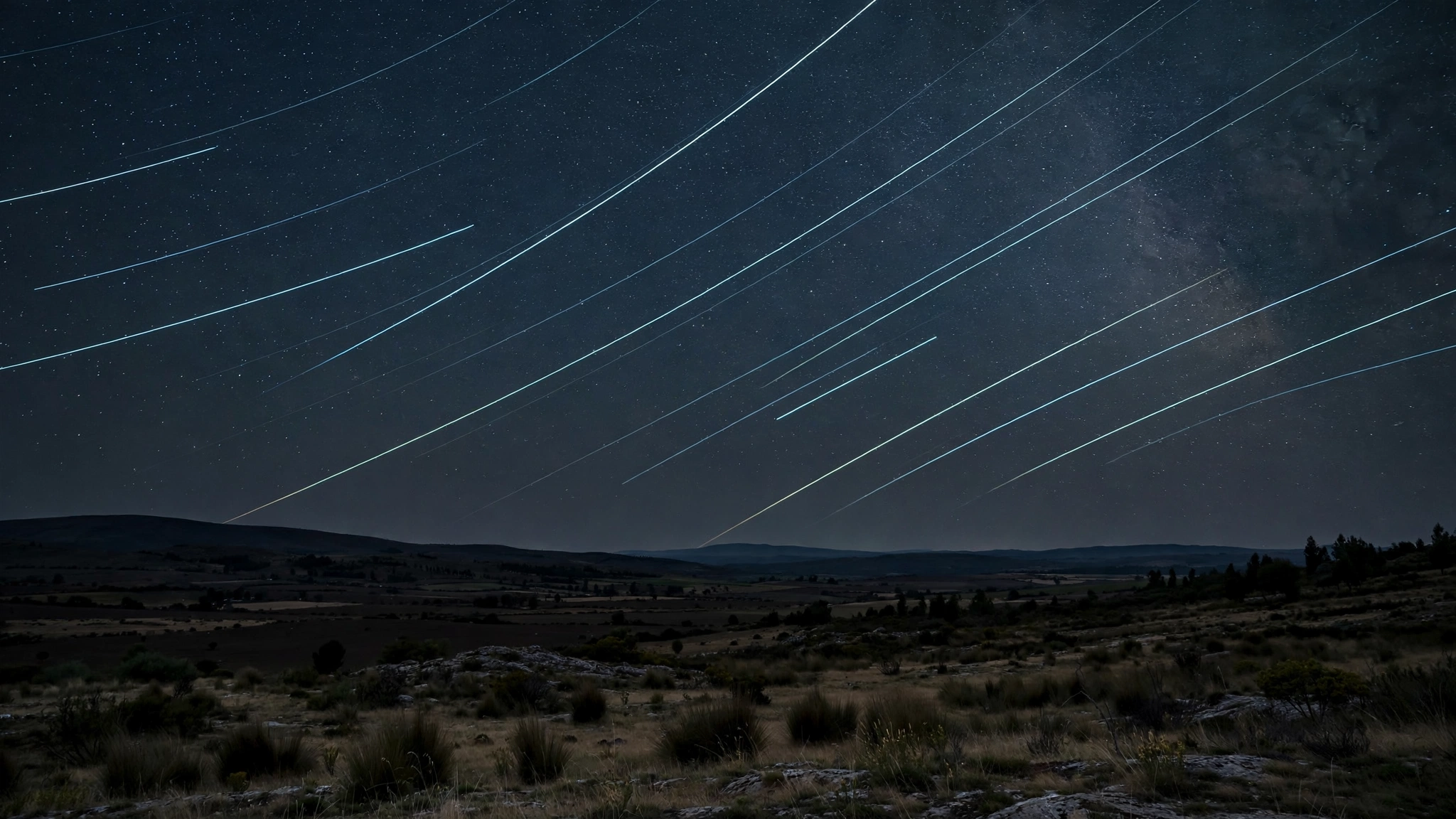Satellite streaks crossing the night sky over a rural landscape in a long-exposure photograph